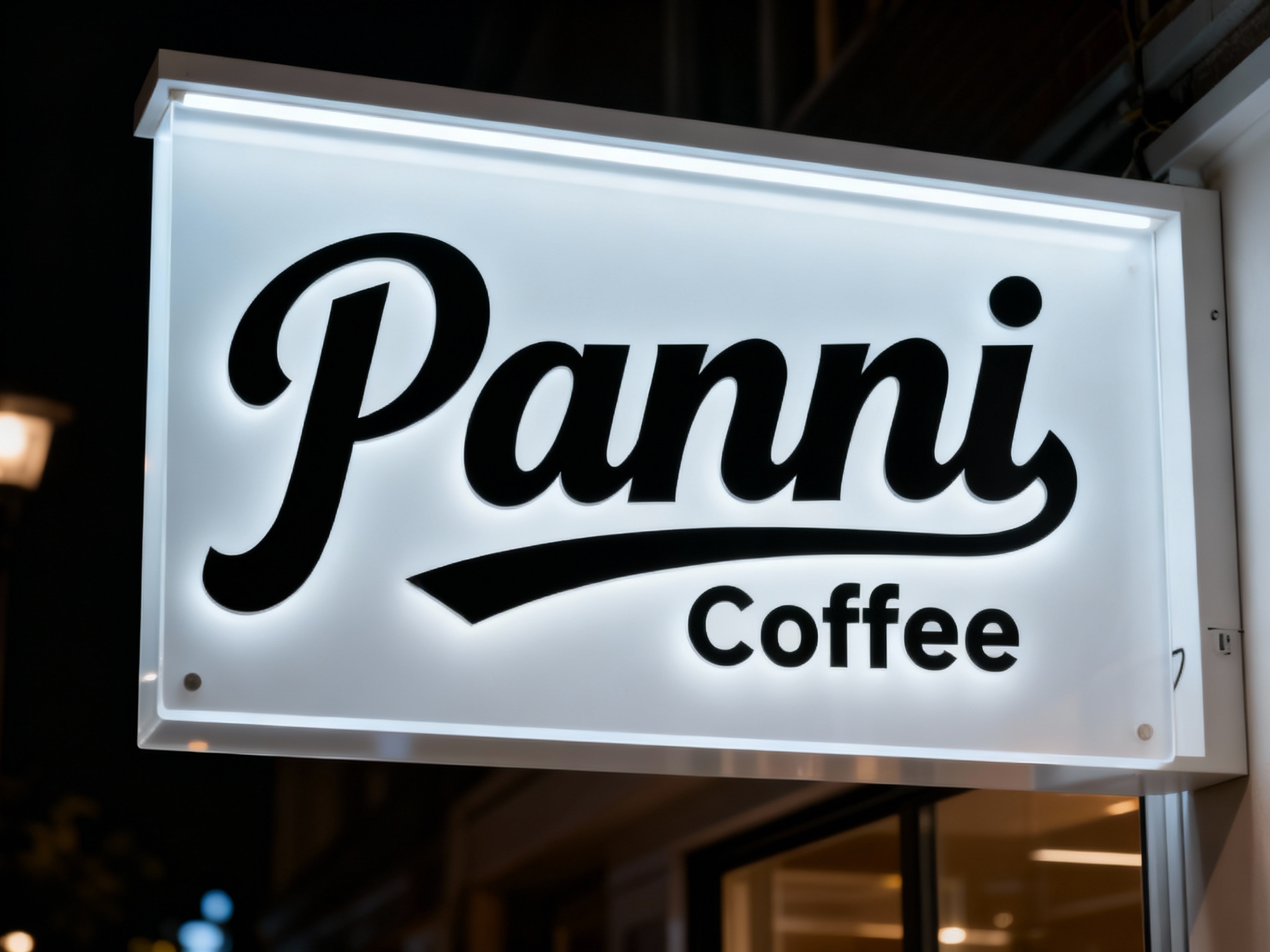 亚克力背光门头特写，LOGO采用双层亚克力板（外层哑光+内层透光），内置隐藏式LED灯带，安装于极简白色铝型材无缝门头上，底板无外露线路或连接件，黑夜场景，LOGO柔和发光，边缘平整无毛刺，质感高级