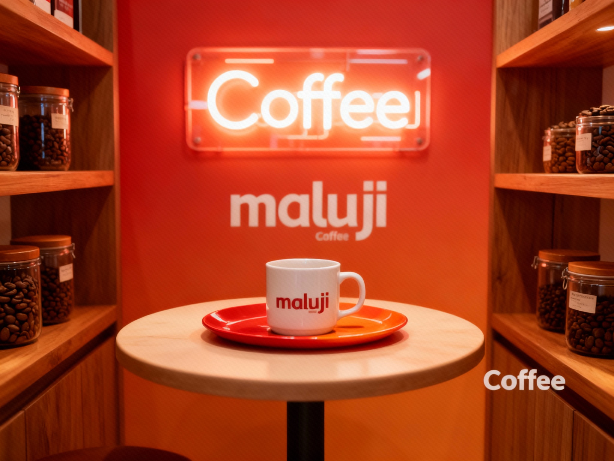 生成品牌体验区或小型咖啡桌场景，展示品牌互动装置或店内拍照打卡点，（将参考图中的LOGO及品牌色配色）融入场景装修或物件，环境温馨有质感，光线自然通透，背景为红色或橙色渐变。