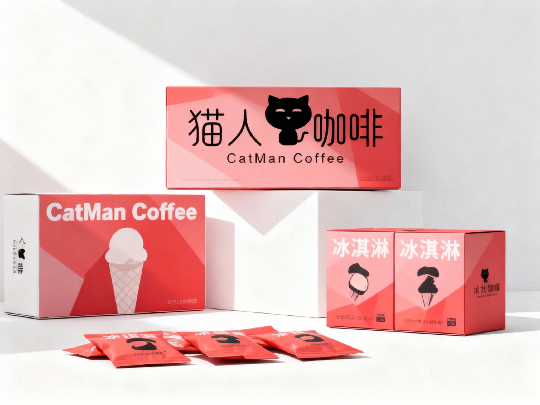 现代简约风格冰淇淋产品包装展示，（将参考图中的LOGO保持一致不要出现变形）白色背景搭配提供的用主色 {主色} 几何色块。画面主体为多个品牌色包装盒，包括大盒（印有白色品牌名称和冰淇淋剪影）、小盒，均印有 “冰淇淋” 字样和黑色品牌标识。包装盒下方散落着同色系的小包装袋。整体构图采用高低错落的排列方式，光线从左上角斜射，形成清晰的阴影，突出包装盒的立体感和色彩对比，展现产品系列的多样性与品牌视觉统一性。
