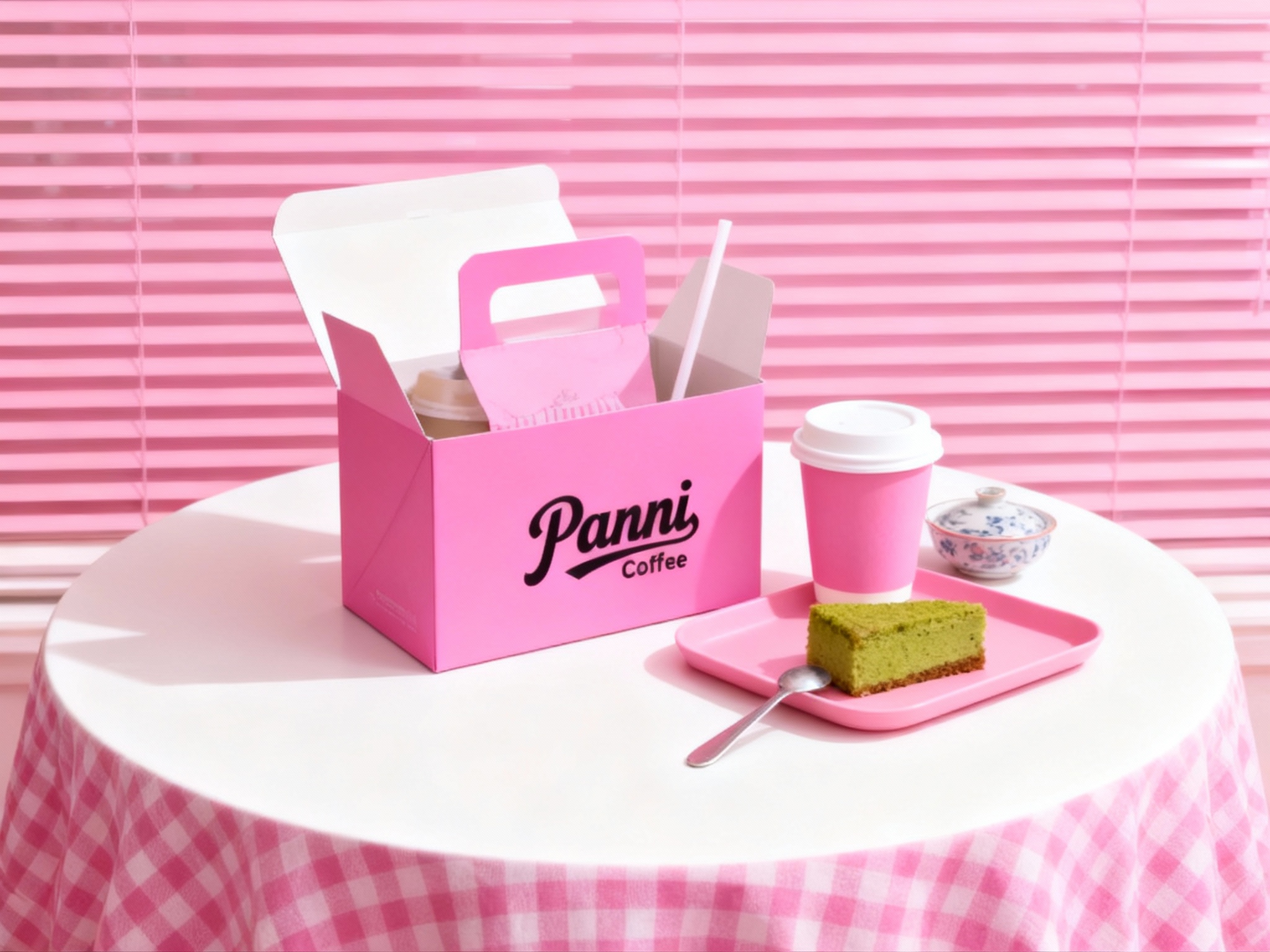 商业美食摄影，极简现代风格，明亮光线，白色圆形桌面铺粉色格子桌布，背景粉色百叶窗，粉色手提盒全开置于中央，内露咖啡杯套与吸管，旁放粉色托盘，托盘上摆带白盖的粉色咖啡杯、小块抹茶蛋糕，金属勺子斜躺盘边，旁边放置一件精美的瓷器。手提盒和咖啡杯上的品牌logo显著，整体构图均衡，质感细腻