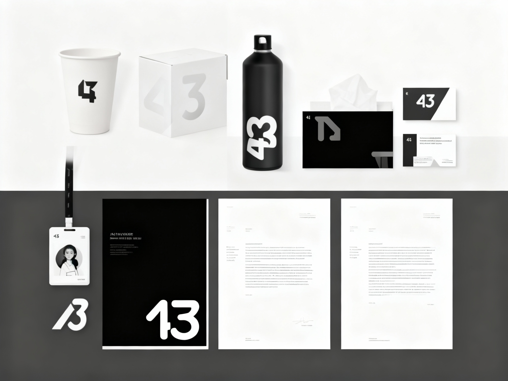 生成公司办公VI展示图，包含纸质杯、员工工牌、水杯、纸盒、印刷海报、名片、小册子、信纸设计，所有载体均采用#白色与#黑色的极简配色方案，（将参考图中的LOGO）在相应载体上清晰呈现，背景为纯色或简单的几何图形，强调极简美学与高品质细节。