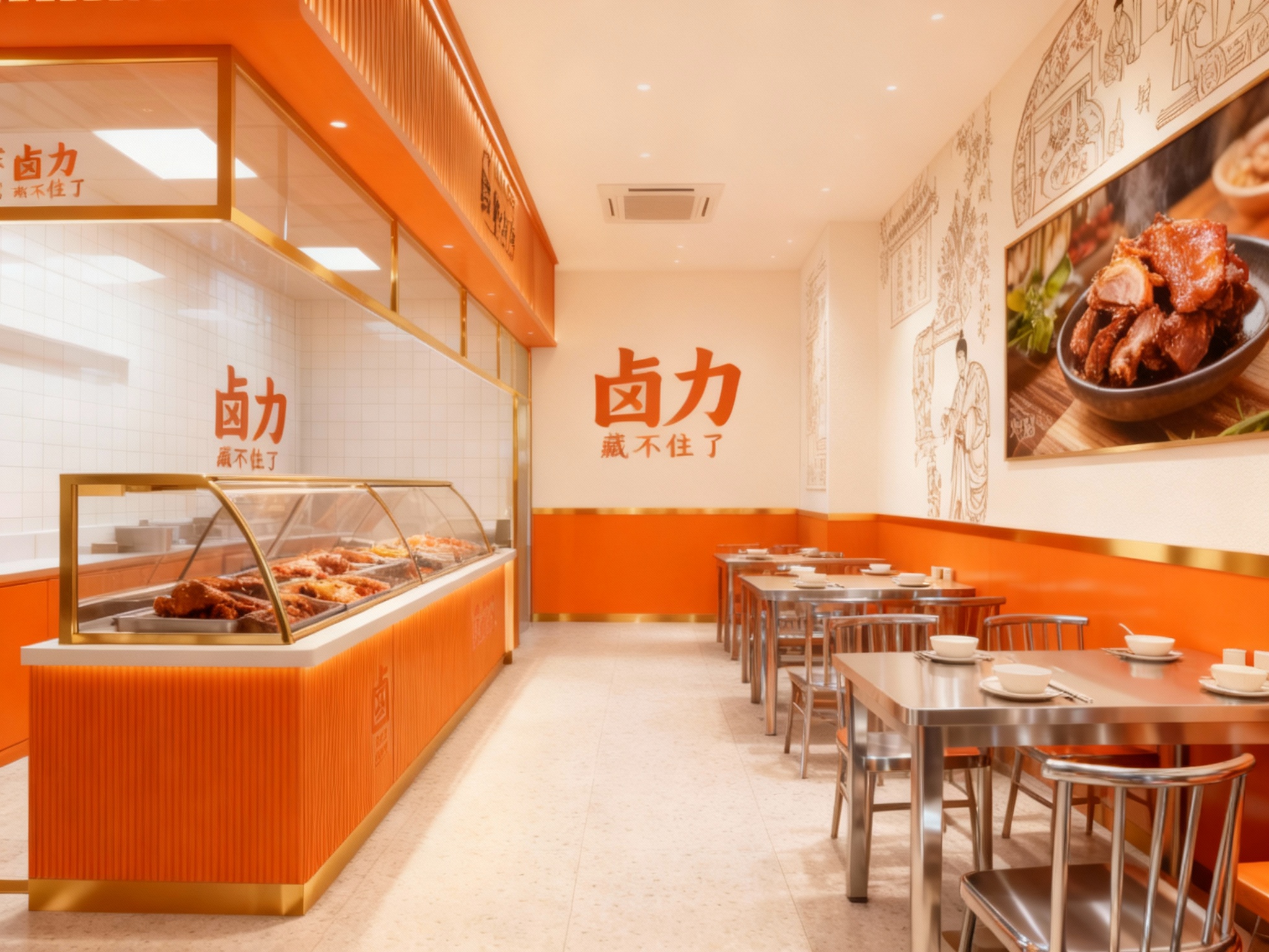 设计店内空间效果图，展示卤菜展示区、顾客用餐区、墙面装饰传统图案或现代简约摄影，运用木质搭配金色不锈钢材质（将参考图中的LOGO）融入场景装修或物件中，光线明亮自然，突出空间温馨感与现代质感。