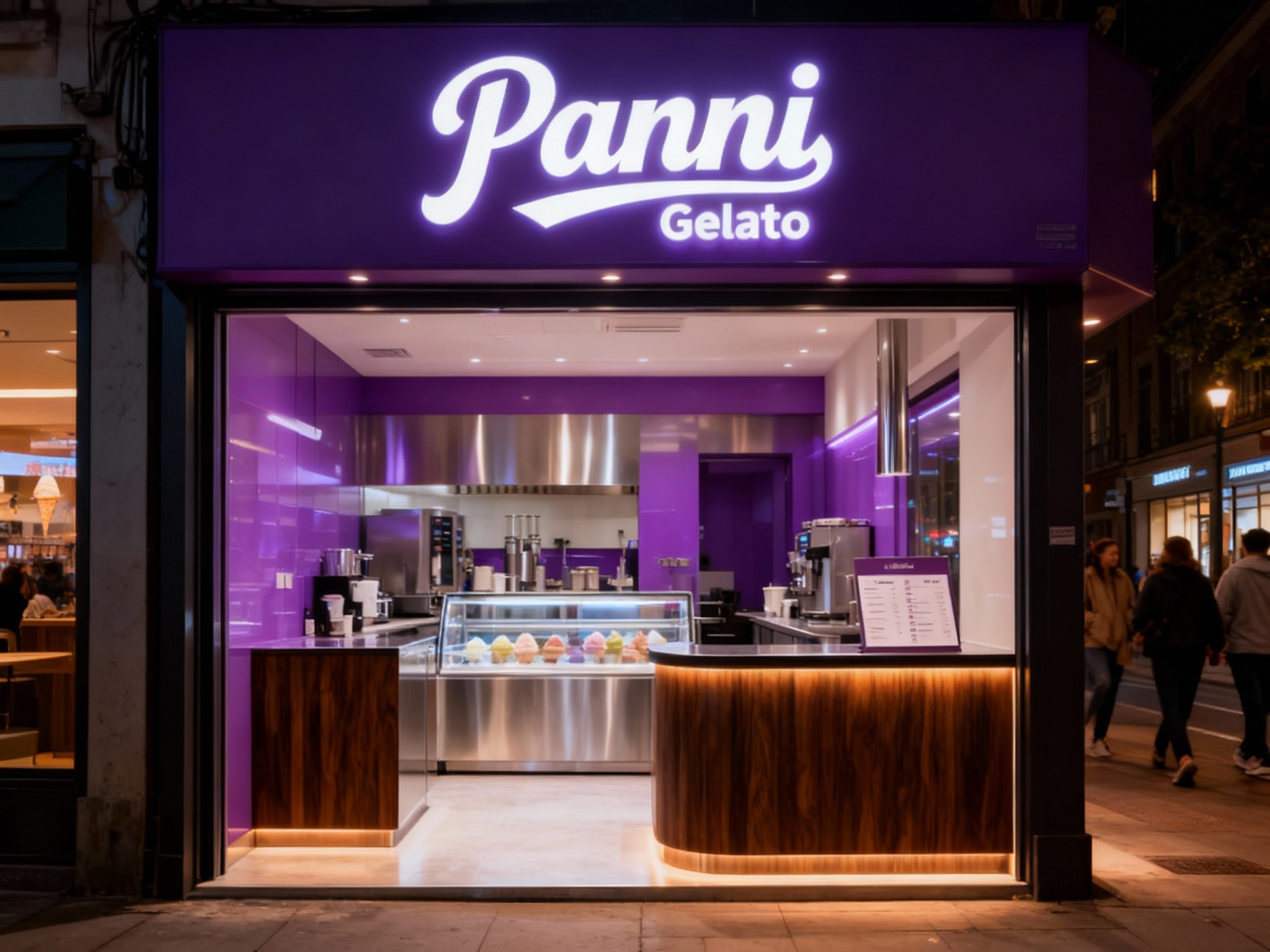 设计夜景门头及灯箱效果图，（将参考图中的LOGO）光亮温暖，冰淇淋店的内部场景用品牌主色 #紫色 ，上方有发光的（将参考图中的LOGO）标识，下方是意式冰淇淋制作区域和展示柜，柜台上有菜单，整体装修风格运用用品牌主色，黑胡桃木搭配银色不锈钢材质现代，灯光温暖 ，街区环境和路人自然呈现。