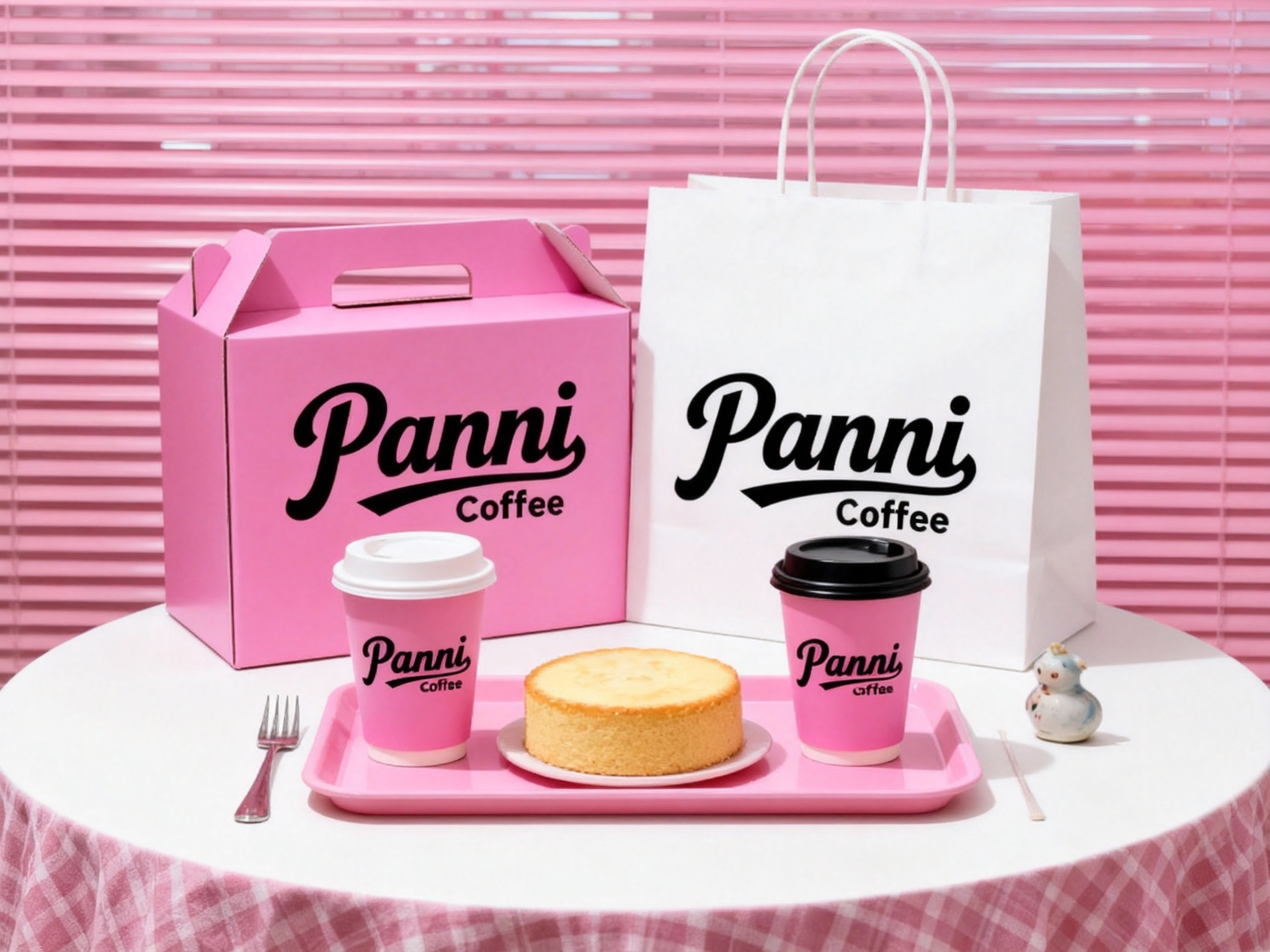 商业美食摄影，极简现代风格，明亮光线，白色圆形桌面铺粉色格子桌布，背景粉色百叶窗，粉色手提盒与白色手提袋搭靠摆放，前方粉色托盘上，两杯粉色咖啡杯（一杯带盖一杯开盖）对称摆放，中间放圆形香草蛋糕，金属叉子与旁边放置的一个陶瓷小摆件分置两侧。手提盒和咖啡杯上有品牌logo，整体简洁高档