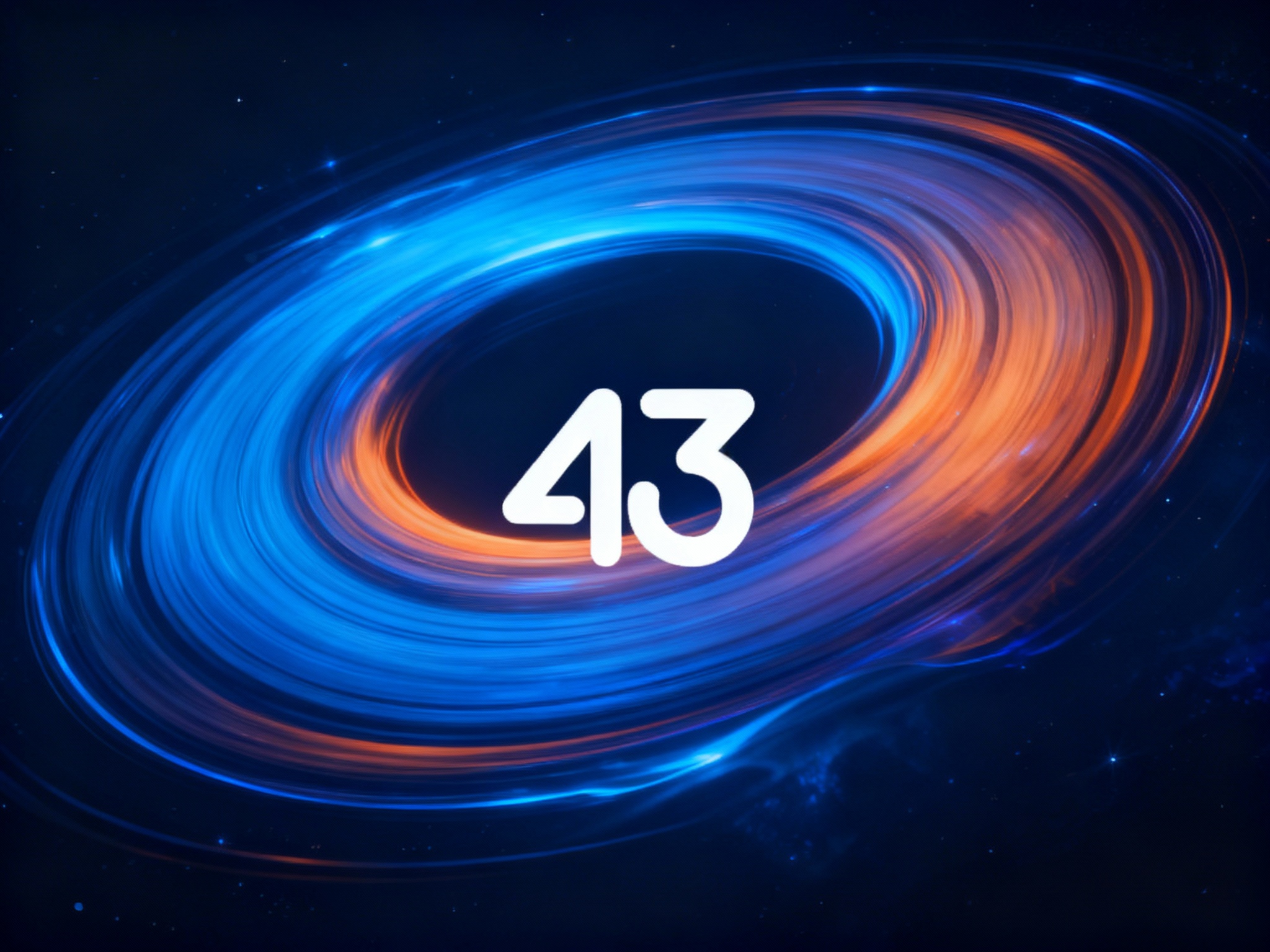 生成一张以 （将参考图中的LOGO保持一致不要变形）品牌为主题的宣传海报，画面中突出其标志性的白色 logo，背景一幅科幻风格的宇宙漩涡视觉作品，以深邃的深蓝色为背景，构建由蓝、橙渐变的流体光带组成的环状漩涡结构，光带呈现丝滑的流动质感与多层叠绕的空间感，模拟宇宙中时空扭曲或星环的视觉效果，整体画面充满科技感与神秘的宇宙氛围，细节上强调光影的渐变层次与流体的动态张力。