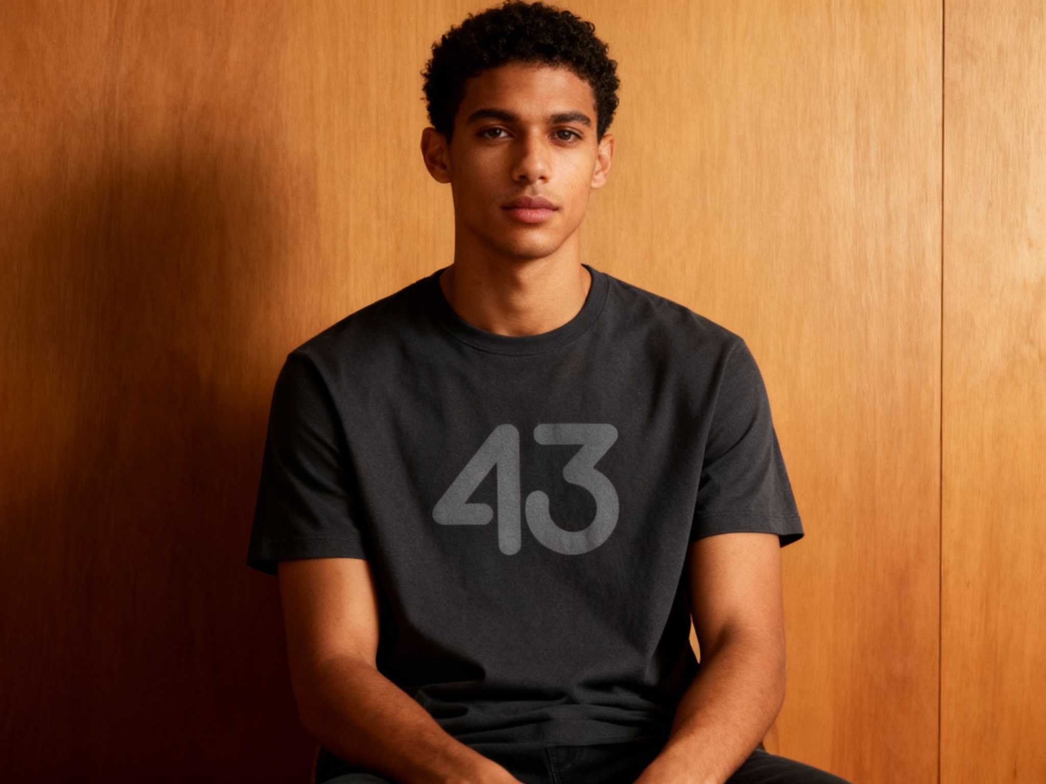 提取参考图的LOGO单独呈现，改为浅灰色，25岁混血男性模特，身着深灰重磅T恤，浅灰色LOGO采用烫黑工艺（与T恤色调呼应却有质感差异），室内暖光拍摄，光线柔和温暖，T恤版型挺括，LOGO平整无褶皱，模特坐姿端正，背景为木质极简墙面，营造沉稳高级氛围