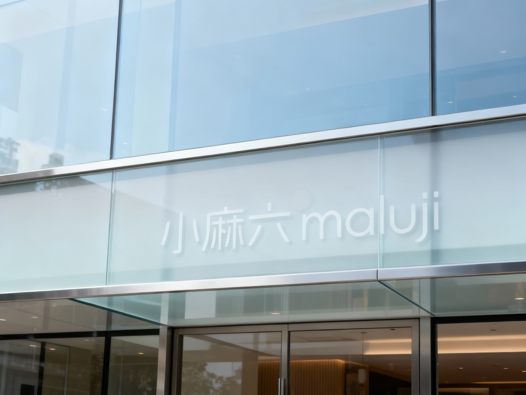 玻璃幕墙门头特写，采用超白钢化玻璃+渐变磨砂涂层，底板通透整洁，LOGO以低温丝印工艺印于玻璃内侧，无胶痕残留，搭配哑光金属无缝边框收口，现代感极强，白天光线通透不刺眼
