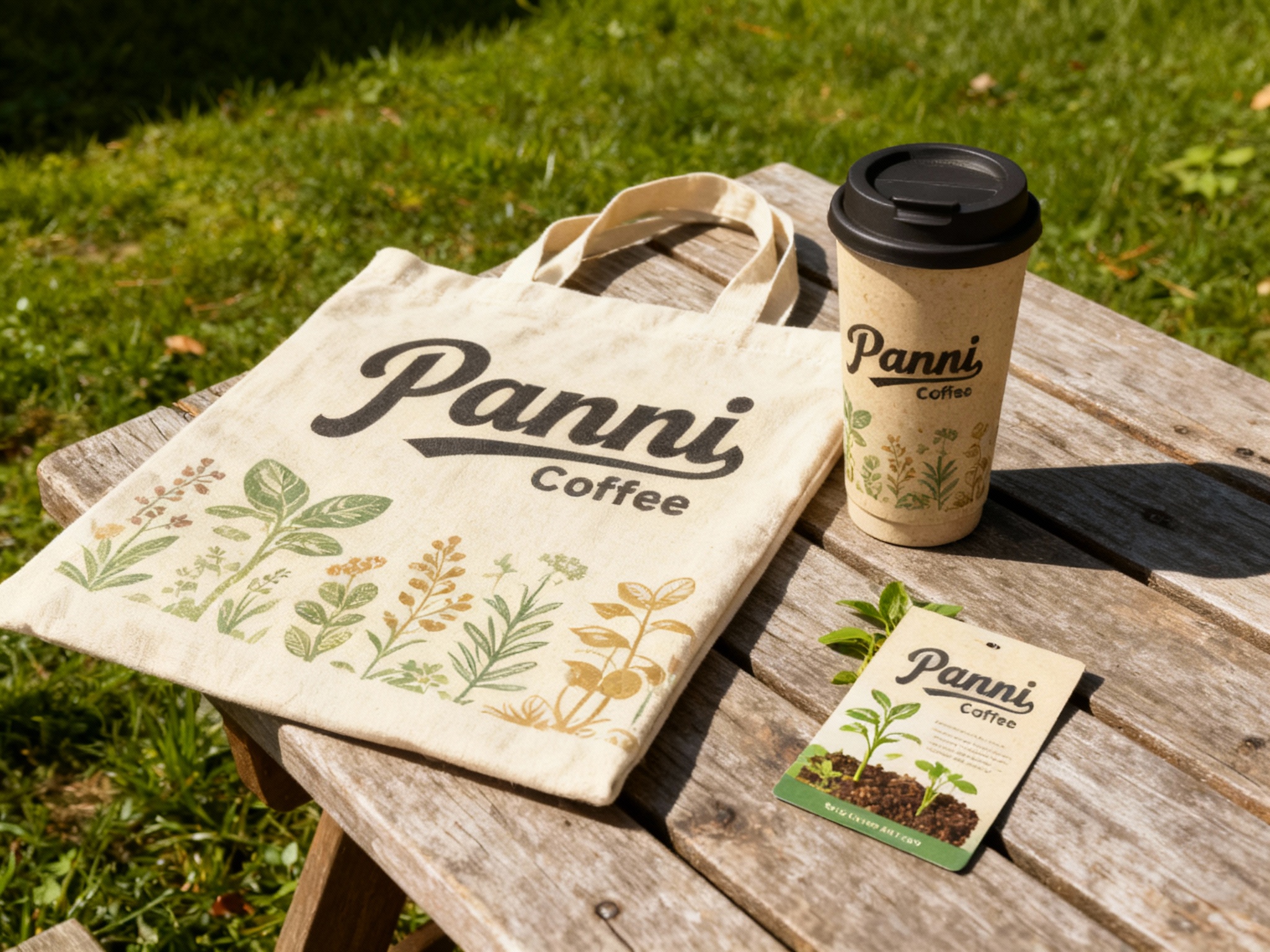 品牌周边展示图，如环保帆布袋、随行杯、植物种子卡片等。Panni Coffee LOGO与植物插画元素结合印制在产品上，延续大地色系配色，材质强调环保与自然触感，背景为户外草坪或木质桌面，阳光明媚。