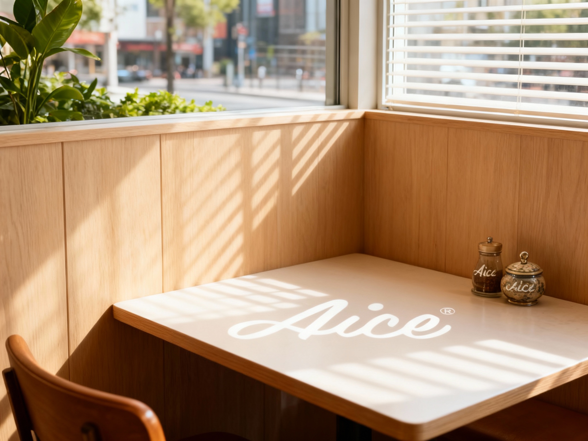 生成店内单人就餐区或窗边景观位。设计采用浅色原木定制的隔断，保证私密性。窗外是城市的街景或绿植。桌面上摆放着精致的调味罐，罐身上印有微小的（智能提取参考图中的LOGO主体并去除原背景）。阳光透过百叶窗洒在桌面上，形成有韵律的光斑，营造“一人食”的精致与安宁.