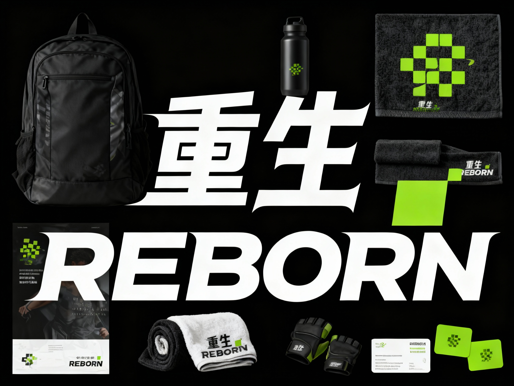 生成健身器材及用品展示图，品牌VI展示，（将参考图中的LOGO保持一致）#品牌主色它包括运动背包、健身水壶、运动毛巾、健身手套、印刷海报、产品卡片简单的背景、平面布局和精致美学、高分辨率摄影、高质量细节、顶级商业表现形式延续#品牌主色，（将参考图中的LOGO保持一致不要出现变形）在相应载体上合理呈现，突出健身器材及用品质感与品牌形象。