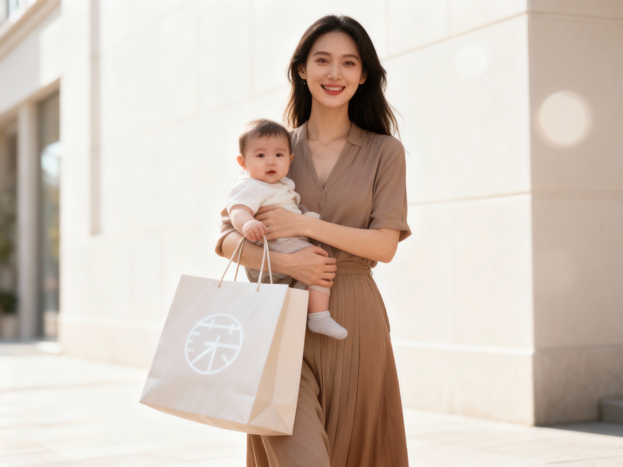 模特时尚街拍风格。一位穿着时尚、气质优雅的年轻妈妈，怀里抱着可爱的宝宝，或者手提品牌购物袋。购物袋设计简约大气，印有巨大的（智能提取参考图中的LOGO主体并去除原背景）。背景是干净的浅色建筑墙面。自然光，大光圈虚化背景，突出人物的幸福感和品牌的国际范。
