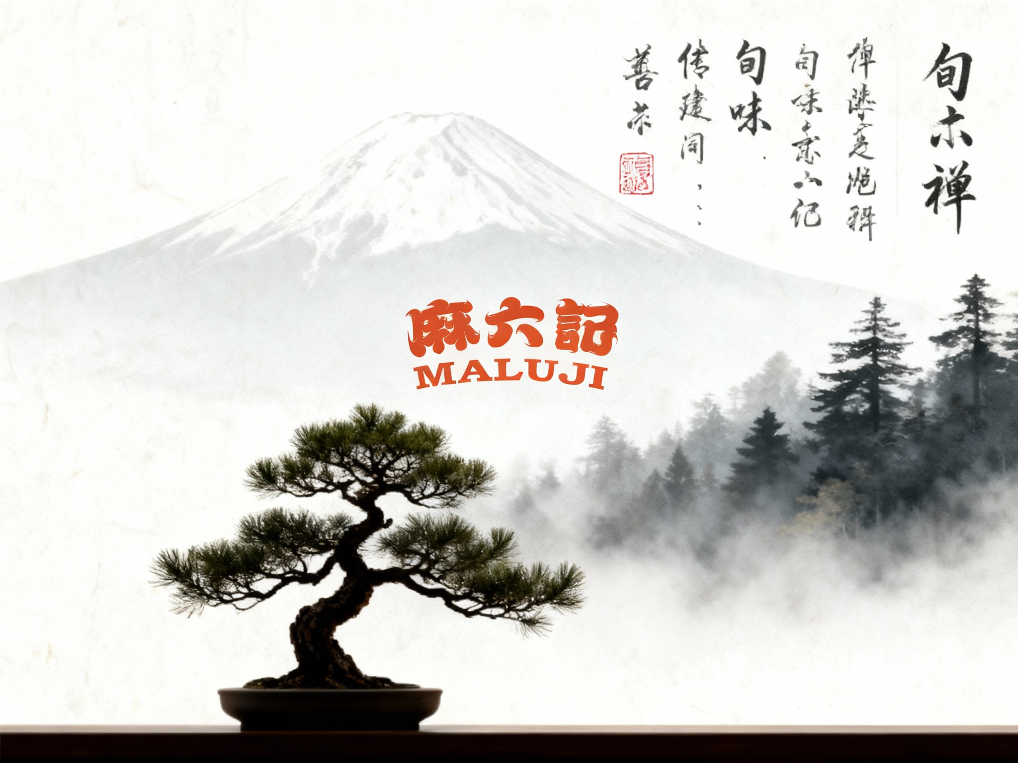 设计品牌宣传海报，画面极简写意。背景为大面积留白的宣纸纹理或虚化的日式风景（如富士山剪影或迷雾森林）。前景是一株造型极简的松树盆景，（智能提取参考图中的LOGO主体并去除原背景，以红色落款印章或墨书形式呈现）位于画面的黄金分割点。排版采用竖排书法字体，传递“旬味”与“禅”的品牌哲学。
