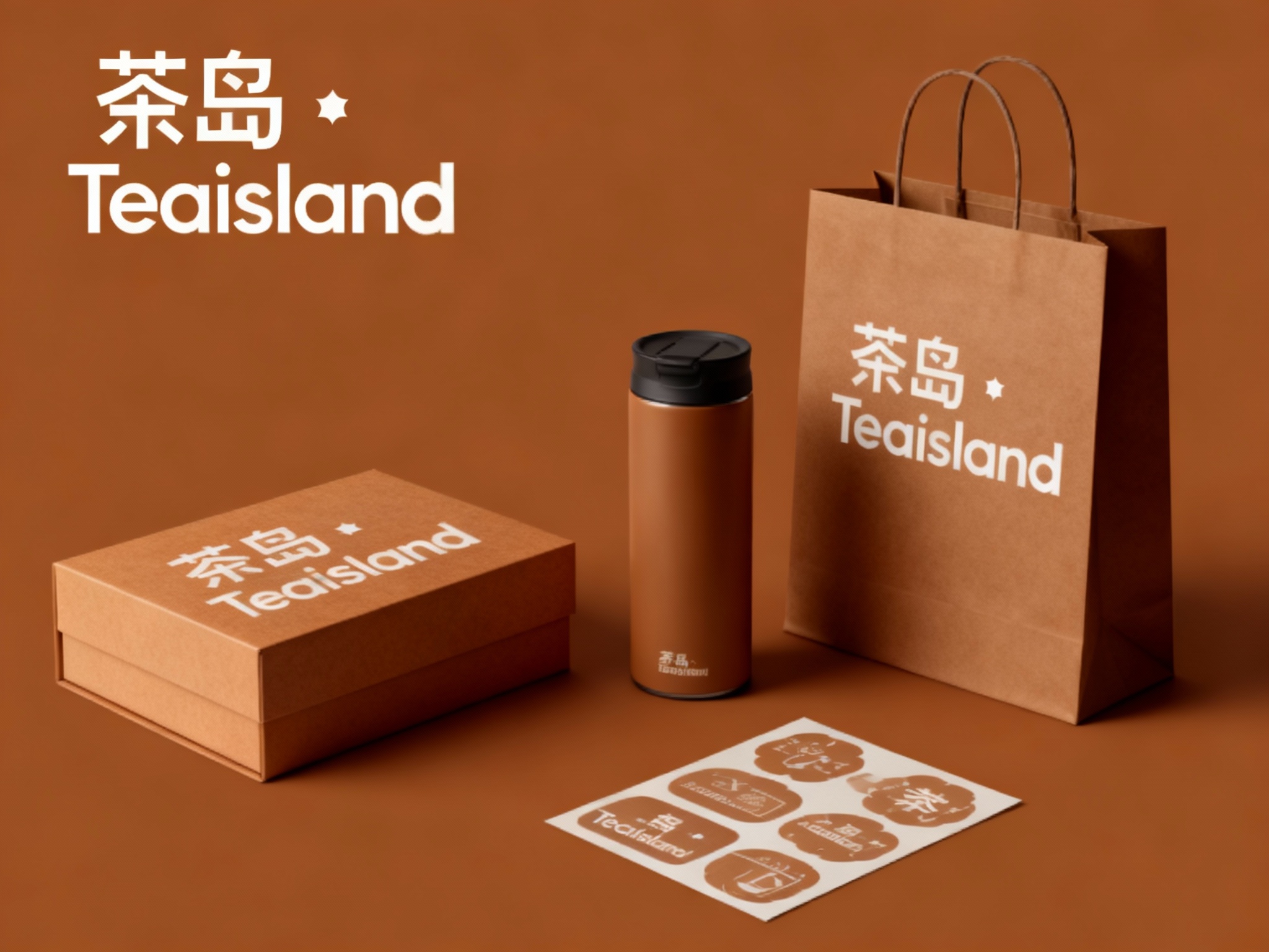 生成品牌周边展示图，如礼盒、保温杯、手提袋、贴纸等，（将参考图中的LOGO）在各周边产品上合理呈现，延续品牌配色，造型简约高级，适合礼赠与品牌延展。