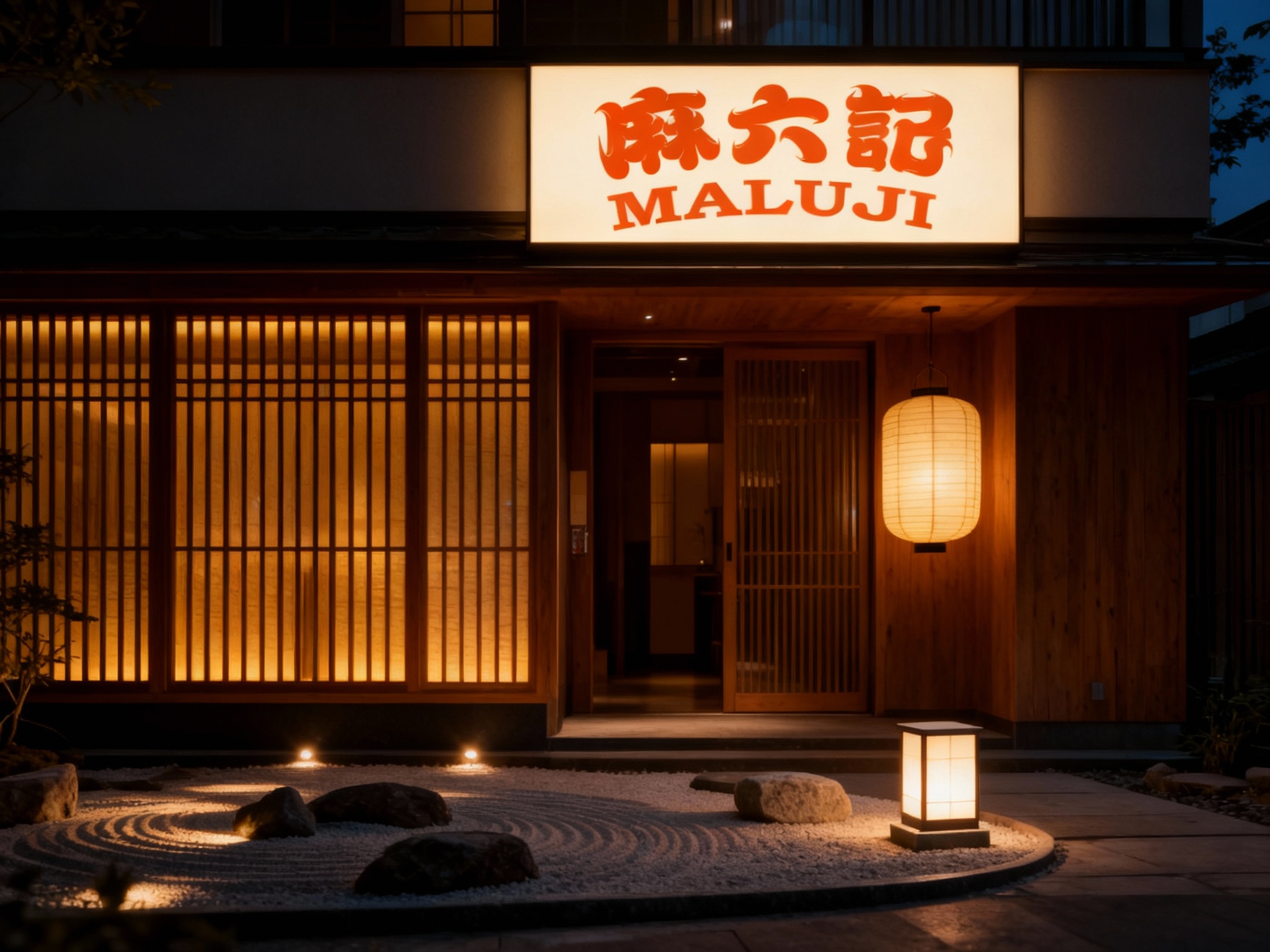 设计夜景门头及灯箱效果图。建筑整体采用木格栅结构，透出室内的暖黄光，像一个精致的发光木盒。门口的枯山水景观在射灯下光影层次丰富。（智能提取参考图中的LOGO主体并去除原背景）制作成传统的和纸灯笼或极简的石材地灯，发出柔和的光芒。整体氛围静谧、幽玄，吸引高端食客。