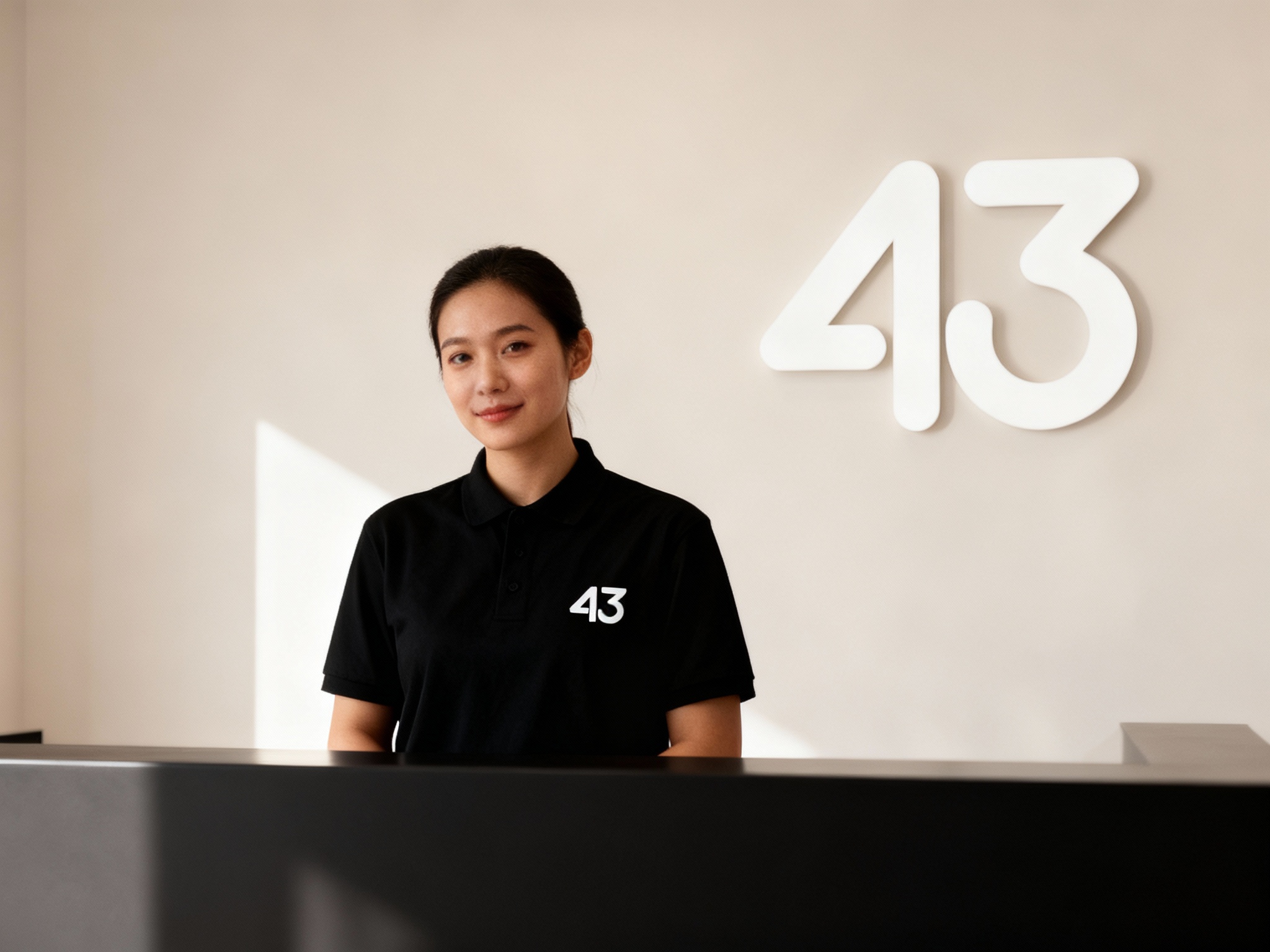 生成前台形象展示图，前台员工穿着#黑色工作服，（将参考图中的LOGO）以#白色形式印在工作服胸前，员工站在接待台后，姿态自然，光线柔和，背景墙面融入（将参考图中的LOGO）作为装饰元素，整体保持品牌一致性。