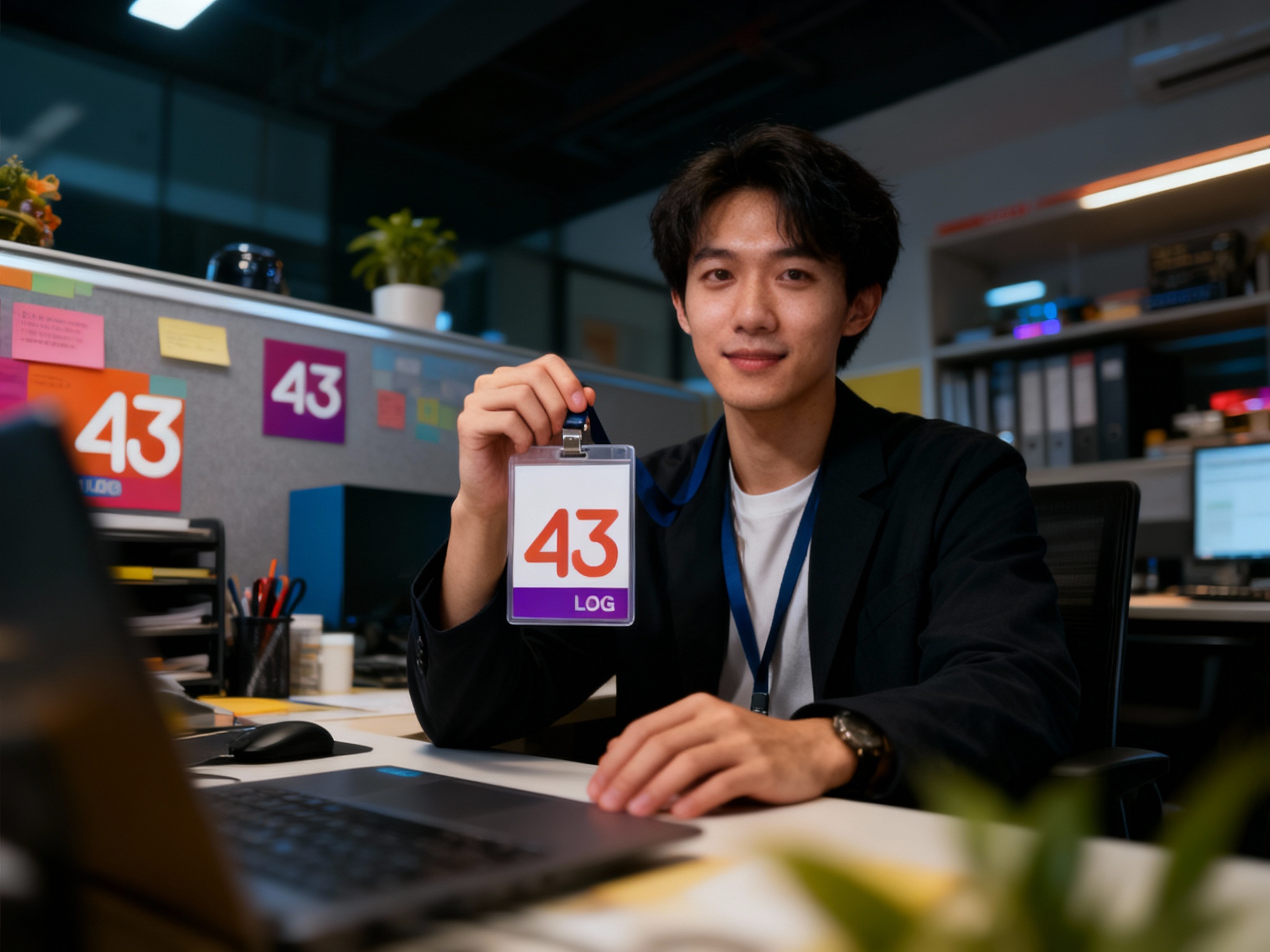 设计社交分享场景图，员工手持带有（将参考图中的LOGO）的工作牌拍照，办公场景中（将参考图中的LOGO）融入装修或物件，场景抓拍，独特的拍摄角度，非对称，动态模糊，低光环境，意境，自然色彩，丰富层次感，细腻画质，真实，光影变幻，虚化柔和过渡，胶片质感，电影质感，大师作品，光影自然，突出品牌时尚感和年轻气质。