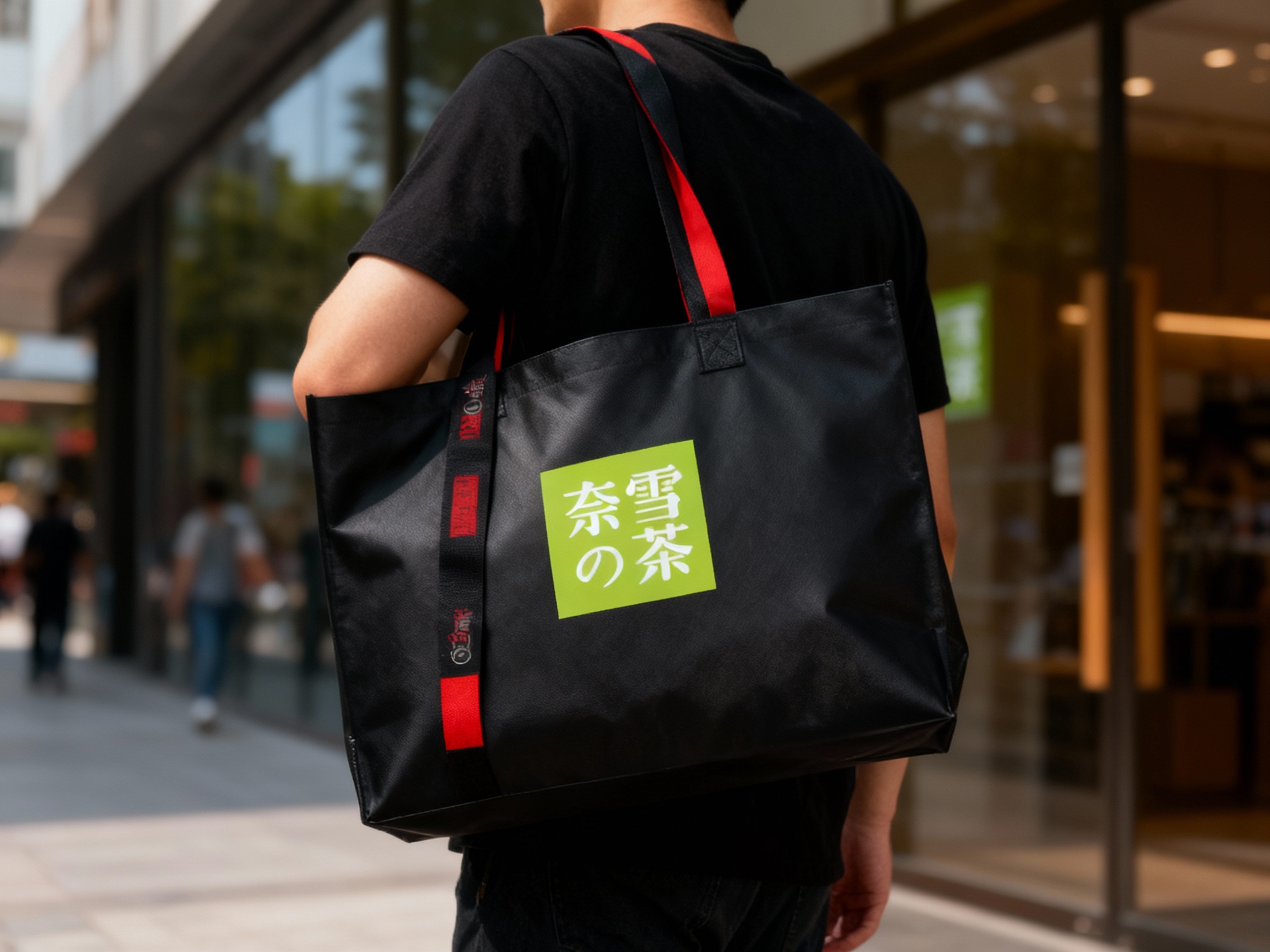 一个人背着黑色手提袋，品牌色肩带点缀（将参考图中的LOGO保持一致性不要变形）在手提袋上清晰可见，营造时尚、有品牌标识性的氛围，可展示潮流品牌的手提袋设计及实际使用效果 。