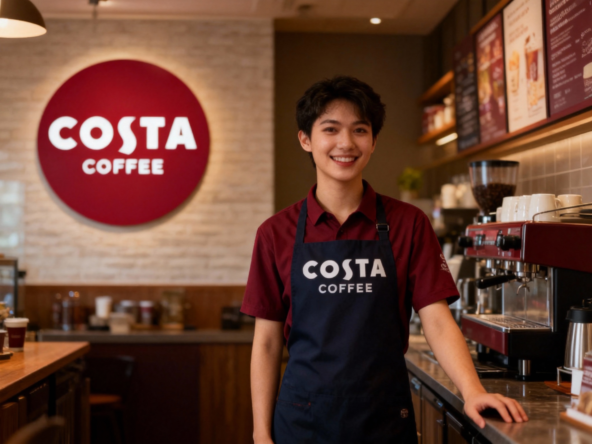 生成员工形象展示图，员工穿着纯色工作服，（将参考图中的LOGO）在工作服上清晰可见，员工站在吧台或店内（空间保持品牌一致性），姿态自然，光线柔和。