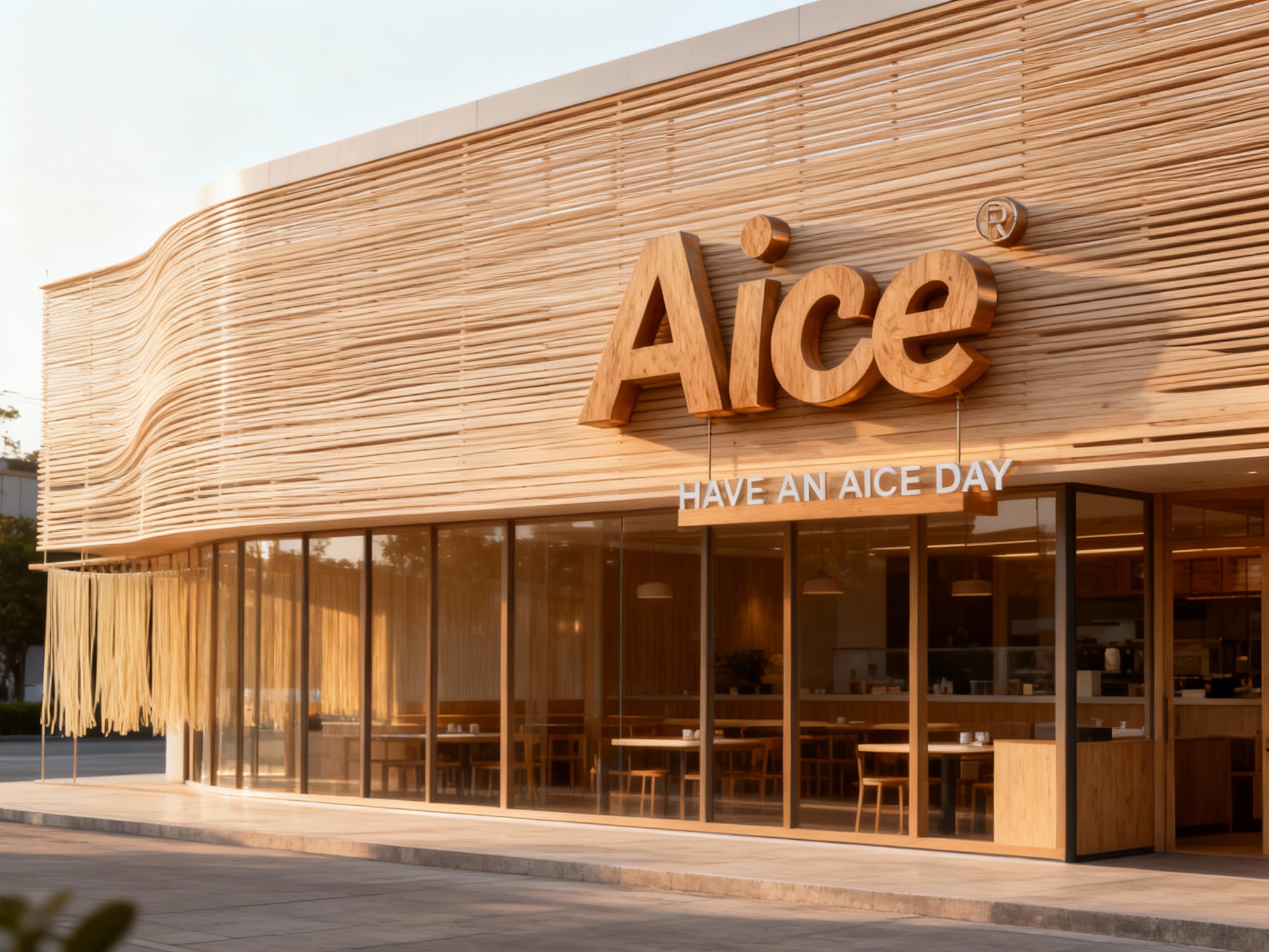 设计新颖的现代面馆门面效果图。建筑外观采用大面积的米色原木（白蜡木或浅橡木）格栅包裹，线条流畅，呈现微弧形设计，像晾晒的面条线条。大面积落地玻璃透出温暖光线。（智能提取参考图中的LOGO主体并去除原背景）设计为悬空的金属拉丝立体字或木质雕刻，悬挂在门头显眼位置，与米色木纹完美融合。光线为清晨柔光，画面干净、通透、高级。