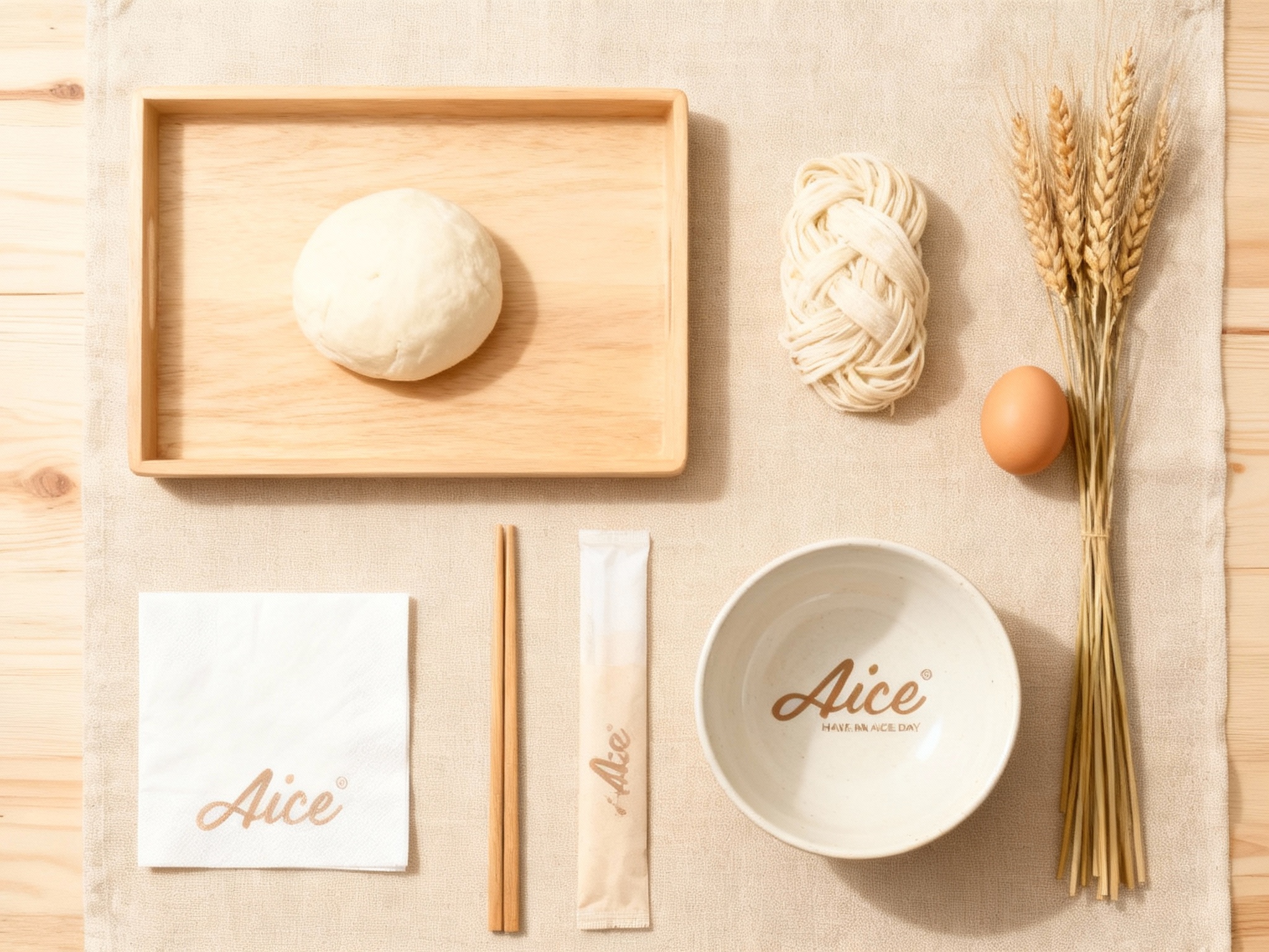 设计面馆餐饮产品平铺拍摄图（Knolling风格）。包含：浅色木质托盘、极简设计的陶瓷面碗、木筷、以及生面团、鸡蛋、麦穗等原材料。背景为干净的米色亚麻布或浅木纹桌面。（智能提取参考图中的LOGO主体并去除原背景）清晰印制在纸巾、筷套和碗底，色彩统一为大地色系。自然光漫射，画面极度舒适整洁。
