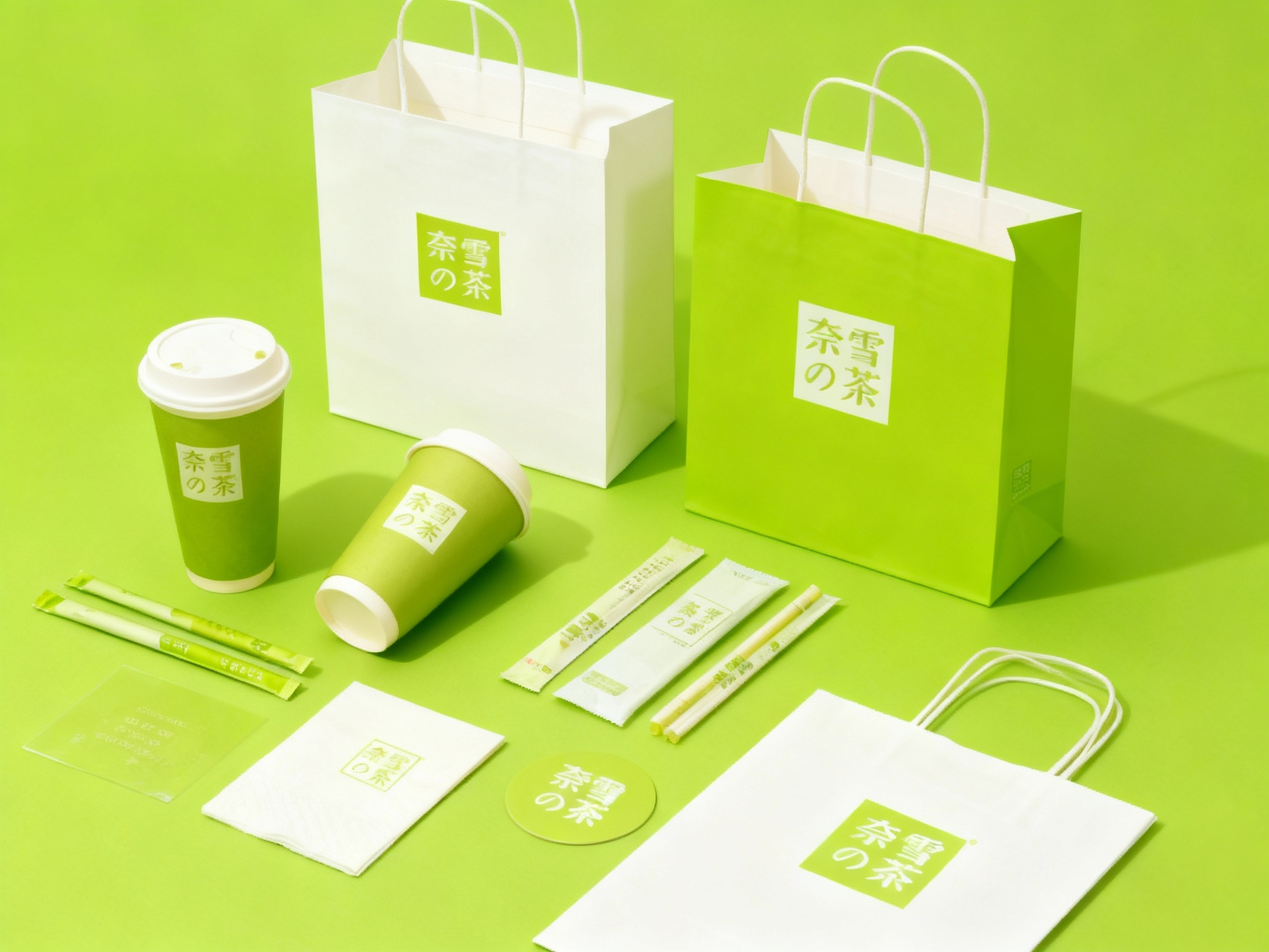 设计茶产品平铺拍摄图，包含纸杯、手提袋、打包袋、吸管包装、餐巾纸、杯垫等，（将参考图中的LOGO）在各产品上清晰展示，色彩统一，光影柔和，呈现高级整洁感。