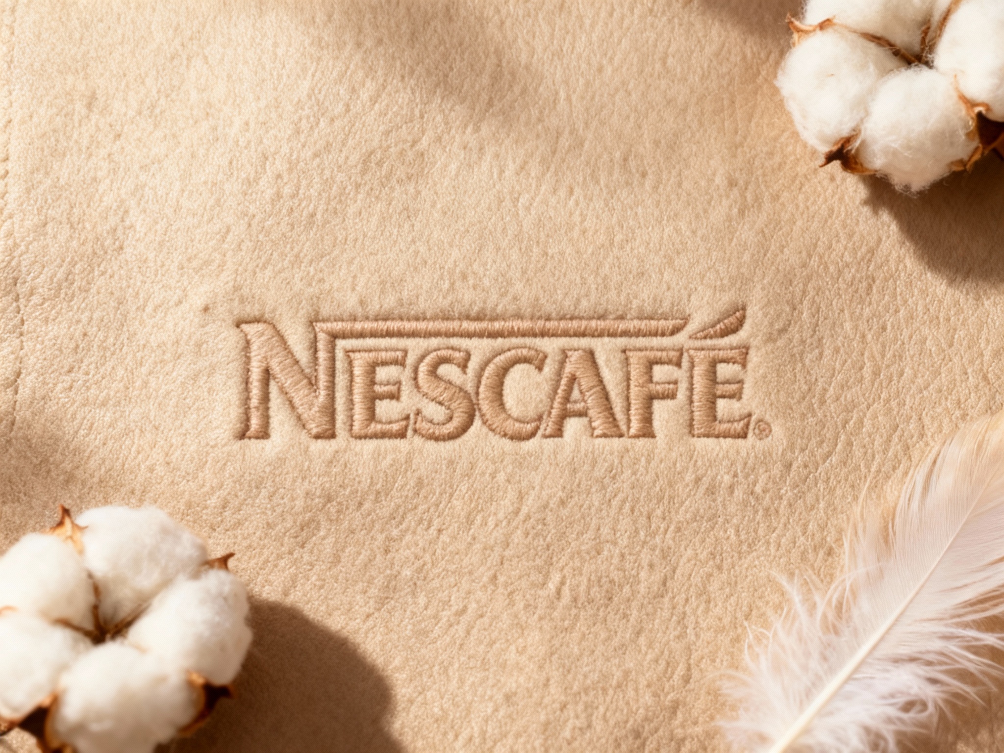 根据（智能提取参考图中的LOGO主体并去除原背景），生成纯色背景的平面LOGO展示。背景为质感细腻的天然羊绒（Cashmere）或柔软的粒面皮革，画面边缘有几朵棉花或羽毛的柔和投影。LOGO呈现低饱和度的莫兰迪色或立体压印效果，营造柔软、亲肤、安全的品牌触感。