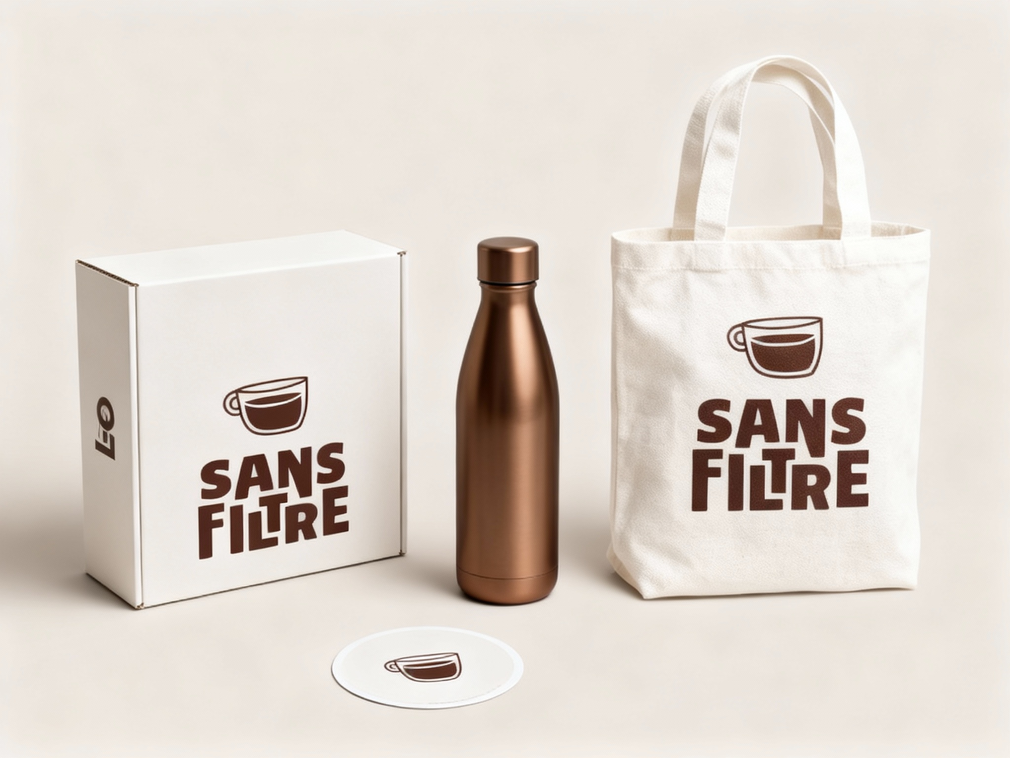 生成品牌周边展示图，如礼盒、保温杯、手提袋、贴纸等，（将参考图中的LOGO）在各周边产品上合理呈现，延续品牌配色，造型简约高级，适合礼赠与品牌延展，礼盒采用米白色硬纸板，LOGO印于正面，保温杯为哑光金属质感，手提袋为米白色棉麻材质，贴纸则为圆形设计，LOGO居中。