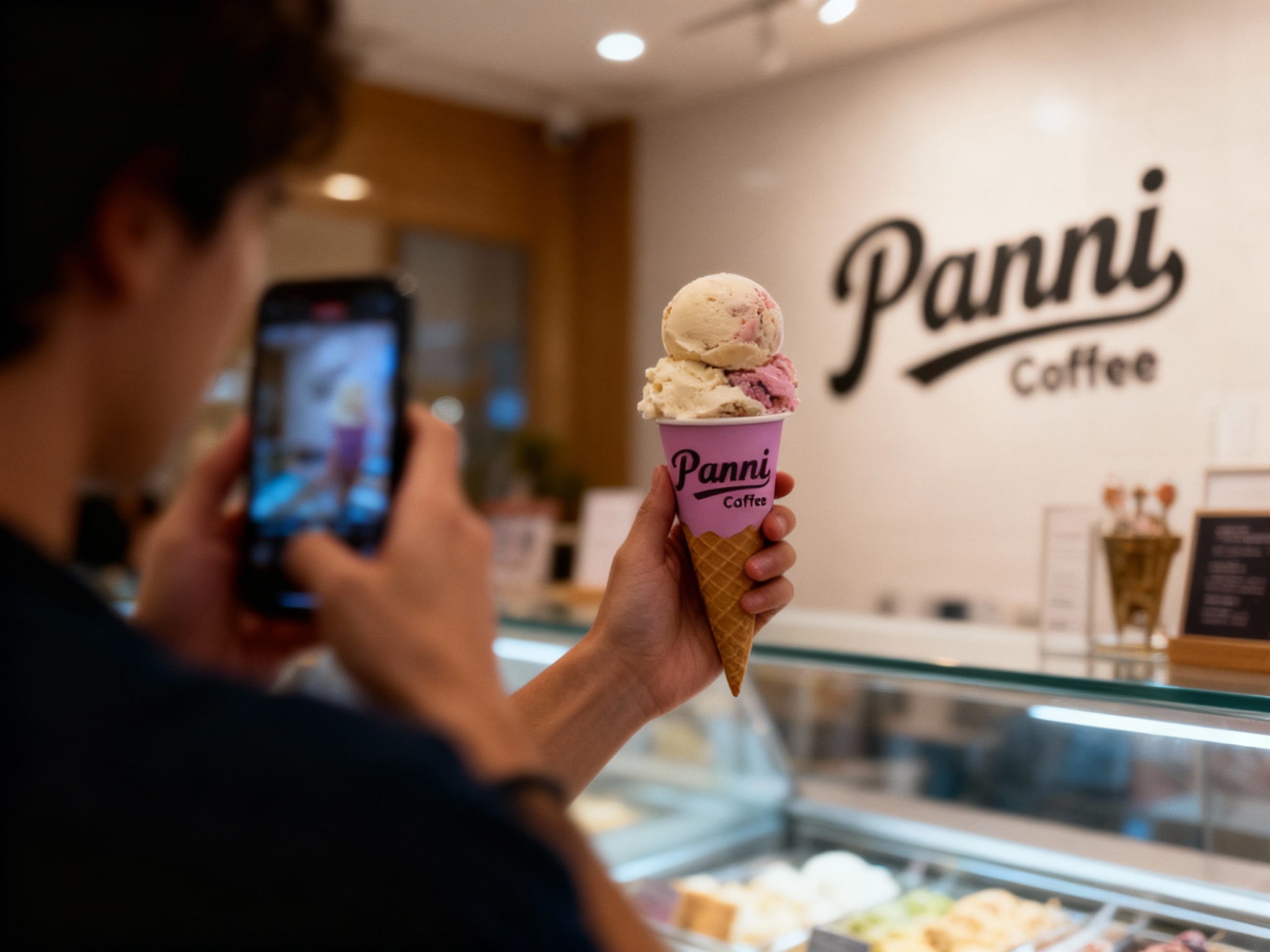 设计社交分享场景图，顾客手持带有（将参考图中的LOGO）的纯色冰淇淋纸筒拍照纸筒有好看的意式冰淇淋球，冰淇淋店场景中（将参考图中的LOGO）融入装修或物件，场景抓拍，独特的拍摄角度，非对称，动态模糊，低光环境，意境，自然色彩，丰富层次感，细腻画质，真实，光影变幻，虚化柔和过渡，胶片质感，电影质感，大师作品，光影自然，突出品牌时尚感和年轻气质。