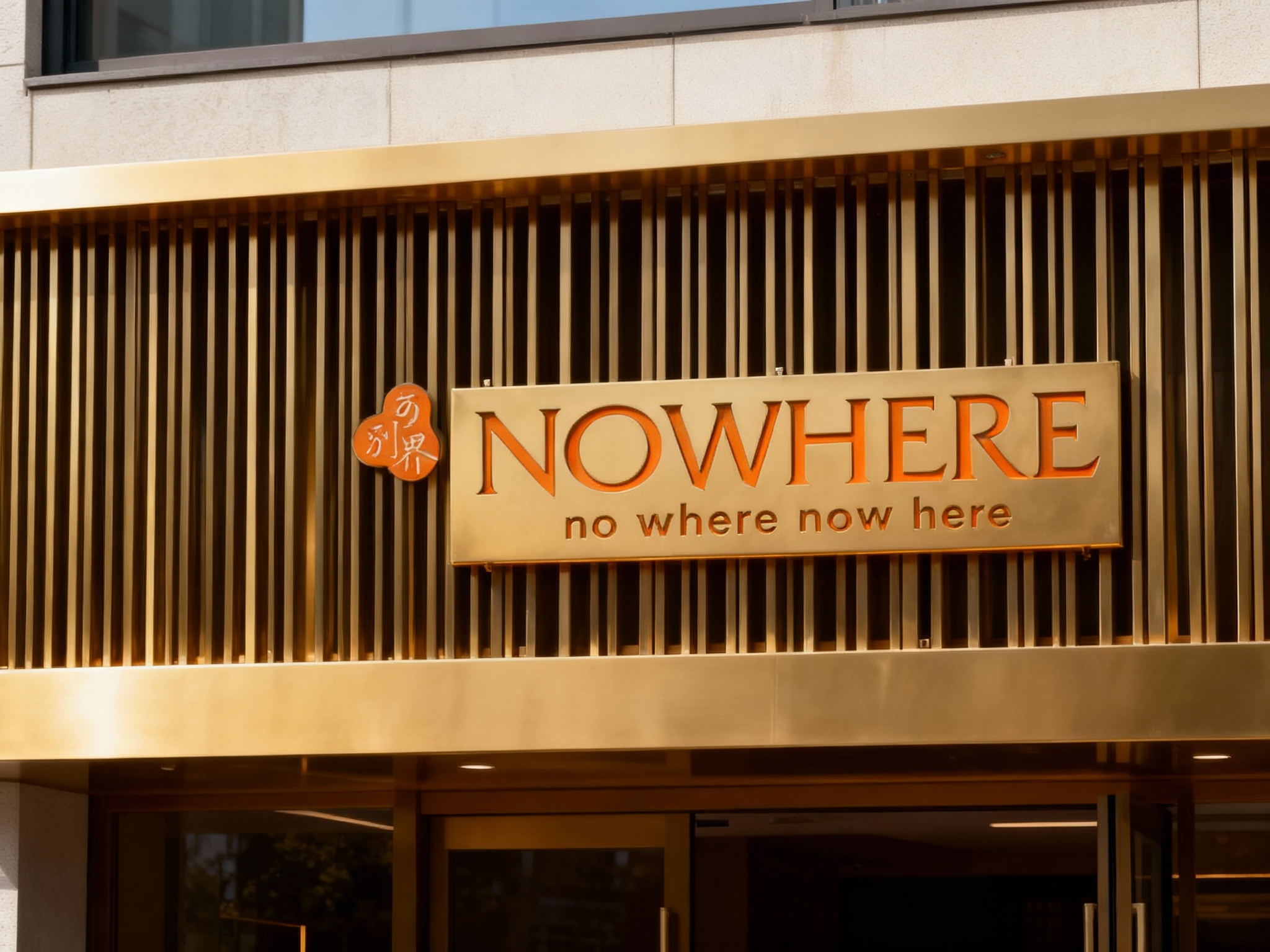 高端金属格栅门头特写，采用哑光金色不锈钢板材无缝拼接格栅，底板平整干净，LOGO以激光雕刻+橙色填充工艺嵌入式安装于格栅中央，无外露连接件，白天自然光照射，金属质感细腻，凸显现代简约大气，适合高端文创/艺术零售门店