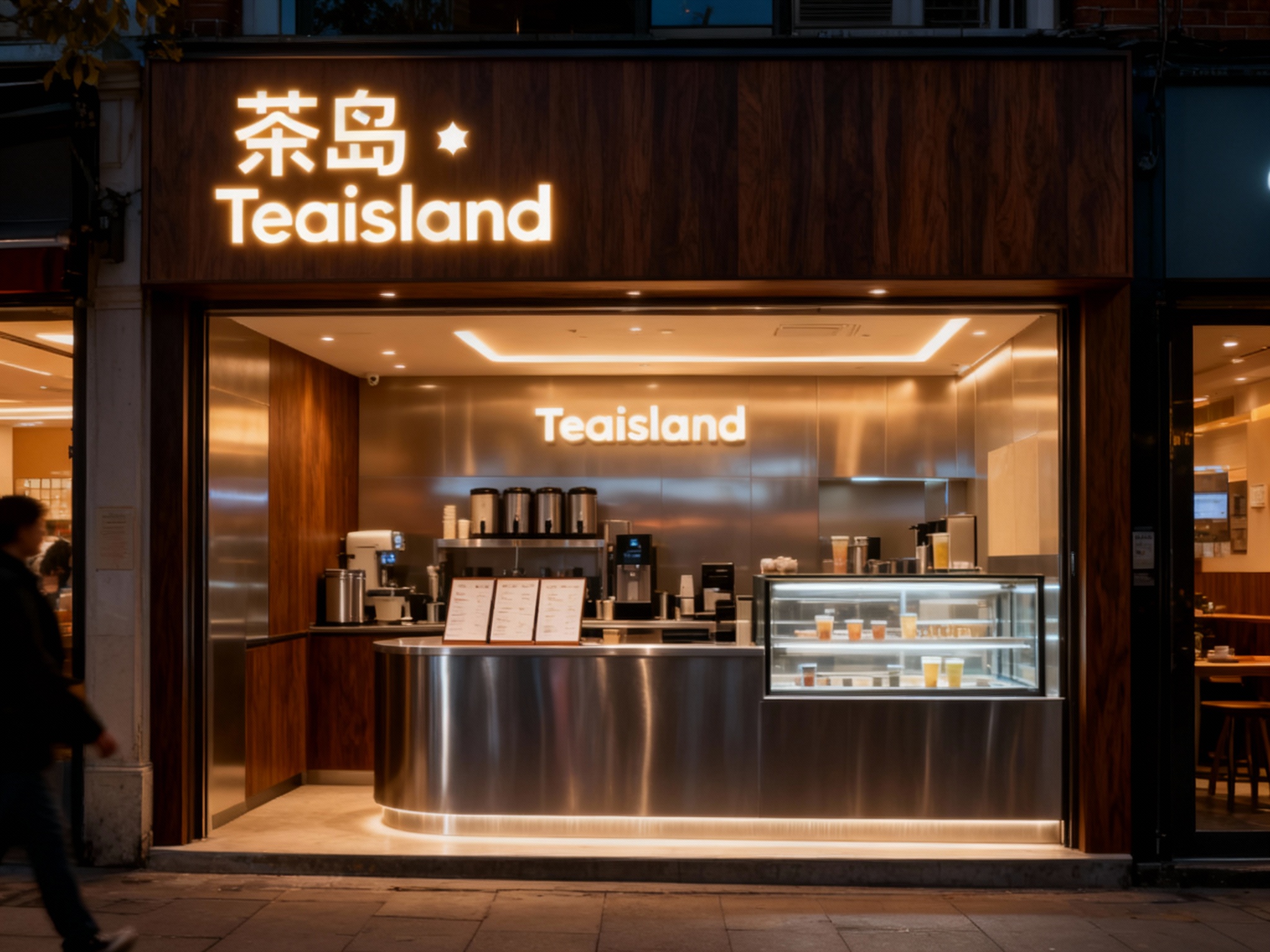设计夜景门头及灯箱效果图，（将参考图中的LOGO）光亮温暖，奶茶店的内部场景，上方有发光的（将参考图中的LOGO）标识，下方是奶茶制作区域和展示柜，柜台上有菜单，整体装修风格运用黑胡桃木搭配银色不锈钢材质现代，灯光温暖 ，街区环境和路人自然呈现。