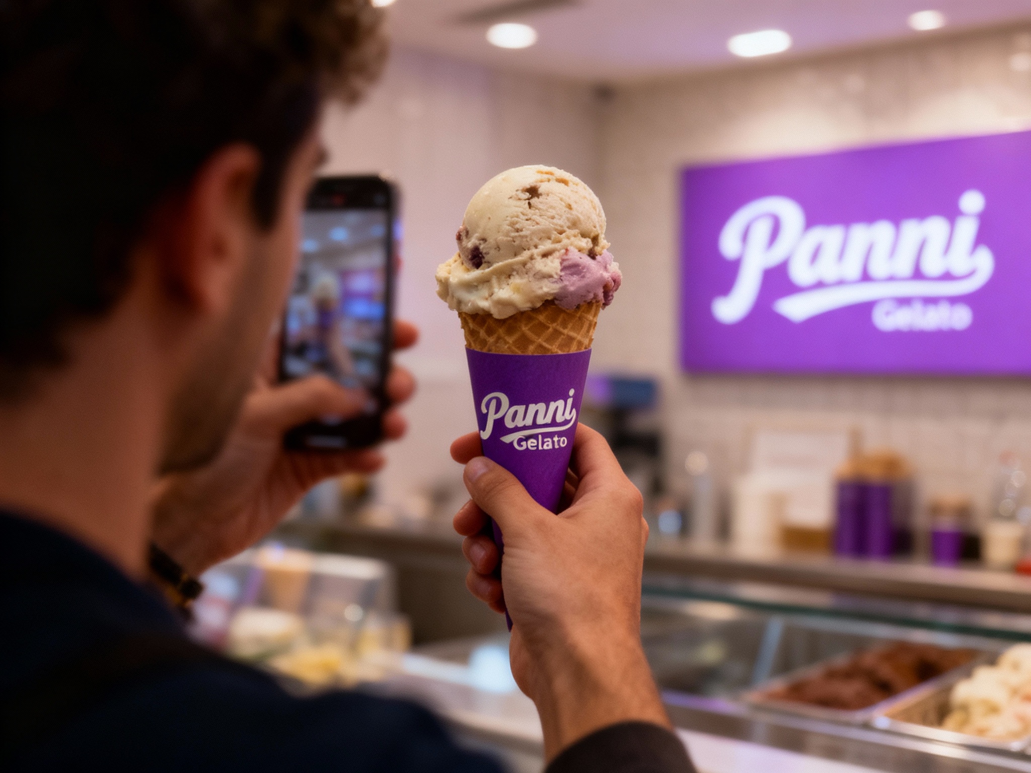 设计社交分享场景图，顾客手持带有（将参考图中的LOGO）的纯色冰淇淋纸筒拍照纸筒有好看的意式冰淇淋球，冰淇淋店场景中（将参考图中的LOGO）融入装修或物件，场景抓拍，独特的拍摄角度，非对称，动态模糊，低光环境，意境，自然色彩，丰富层次感，细腻画质，真实，光影变幻，虚化柔和过渡，胶片质感，电影质感，大师作品，光影自然，突出品牌时尚感和年轻气质。