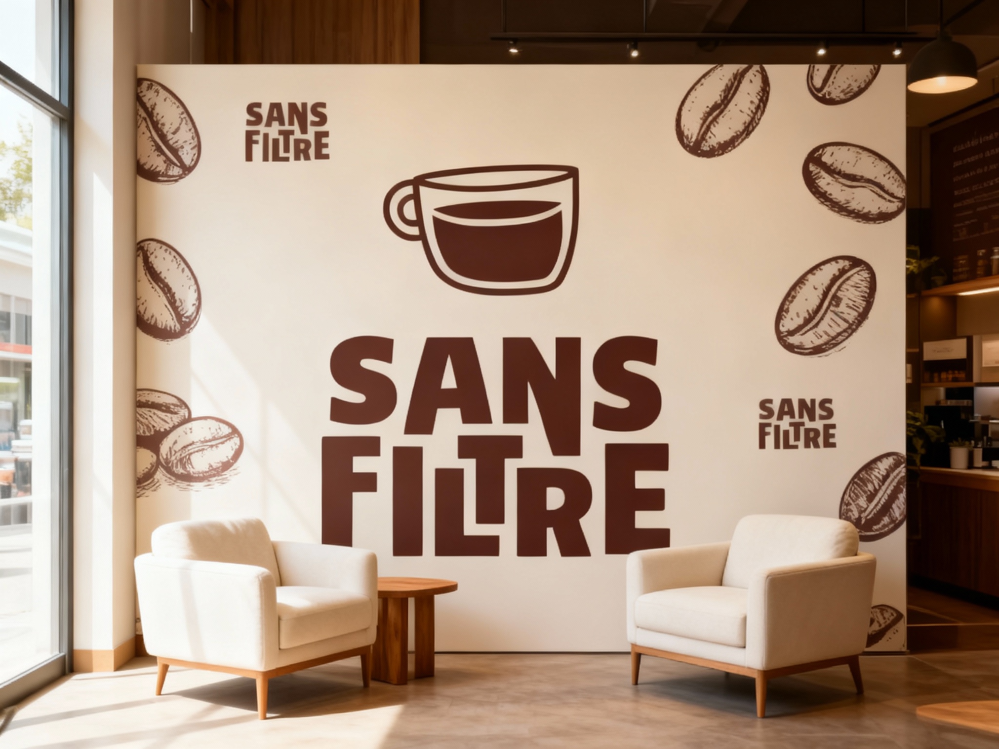 生成品牌体验区或小型咖啡桌场景，展示品牌互动装置或店内拍照打卡点，（将参考图中的LOGO及品牌色配色）融入场景装修或物件，环境温馨有质感，光线自然通透，可设计一面墙作为拍照背景，墙上印有LOGO和手绘风格的咖啡豆图案，搭配米白色的沙发和木质小桌，整体氛围温馨舒适。