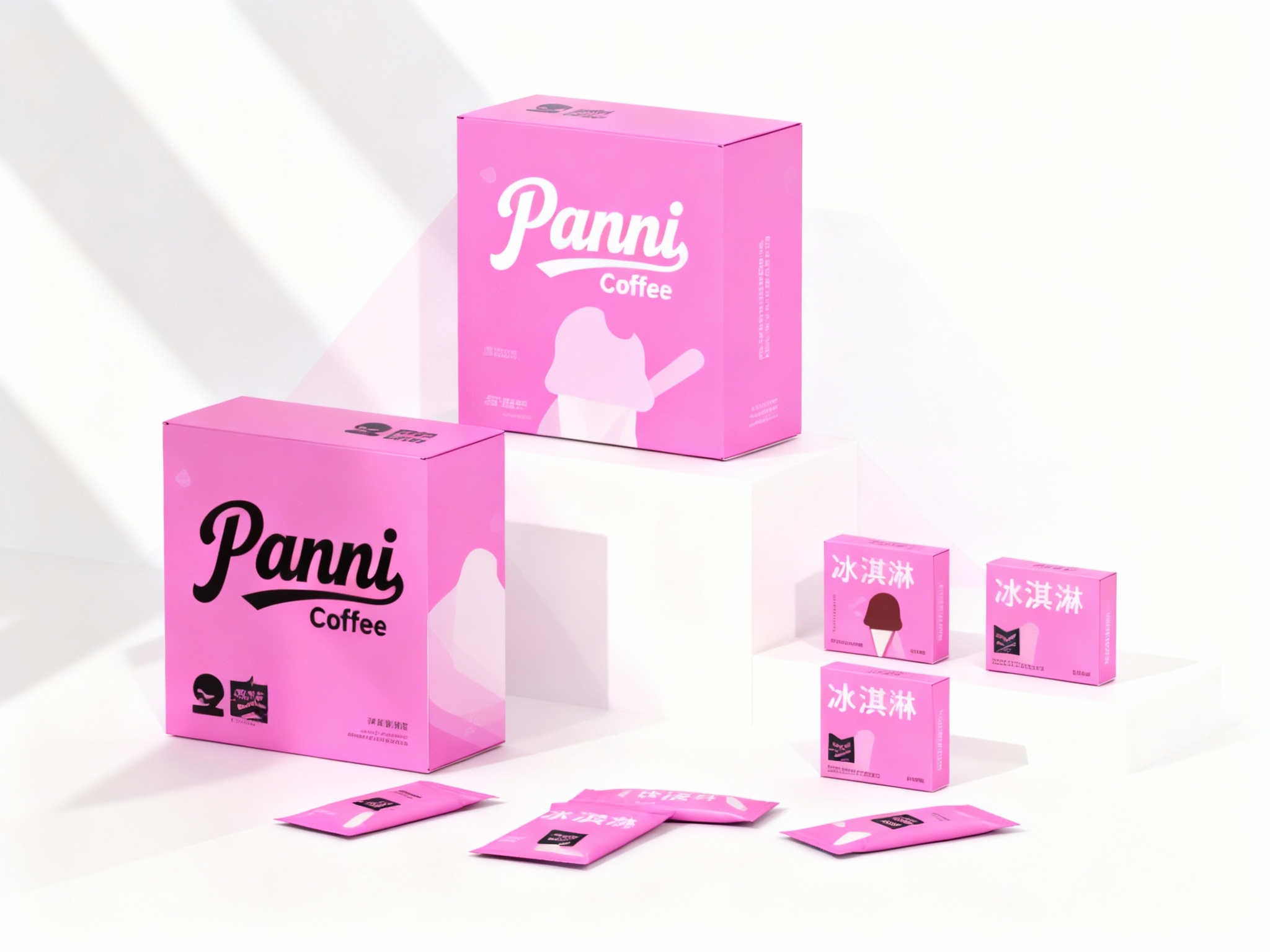 现代简约风格冰淇淋产品包装展示，（将参考图中的LOGO保持一致不要出现变形）白色背景搭配提供的用主色 {主色} 几何色块。画面主体为多个品牌色包装盒，包括大盒（印有白色品牌名称和冰淇淋剪影）、小盒，均印有 “冰淇淋” 字样和黑色品牌标识。包装盒下方散落着同色系的小包装袋。整体构图采用高低错落的排列方式，光线从左上角斜射，形成清晰的阴影，突出包装盒的立体感和色彩对比，展现产品系列的多样性与品牌视觉统一性。