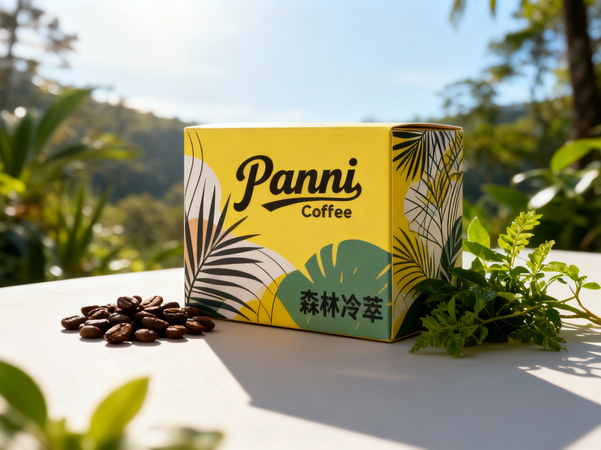现代森系风格咖啡产品包装展示，Panni Coffee LOGO保持一致不要出现变形。背景为清新的户外自然场景或高调摄影棚背景。包装盒设计结合了热带植物的抽象线条与色块，印有“森林冷萃”或“有机冻干”字样。包装旁摆放着真实的咖啡豆和新鲜绿植，光线模拟清晨的阳光，形成清晰明亮的阴影，展现产品的天然属性与INS风颜值。