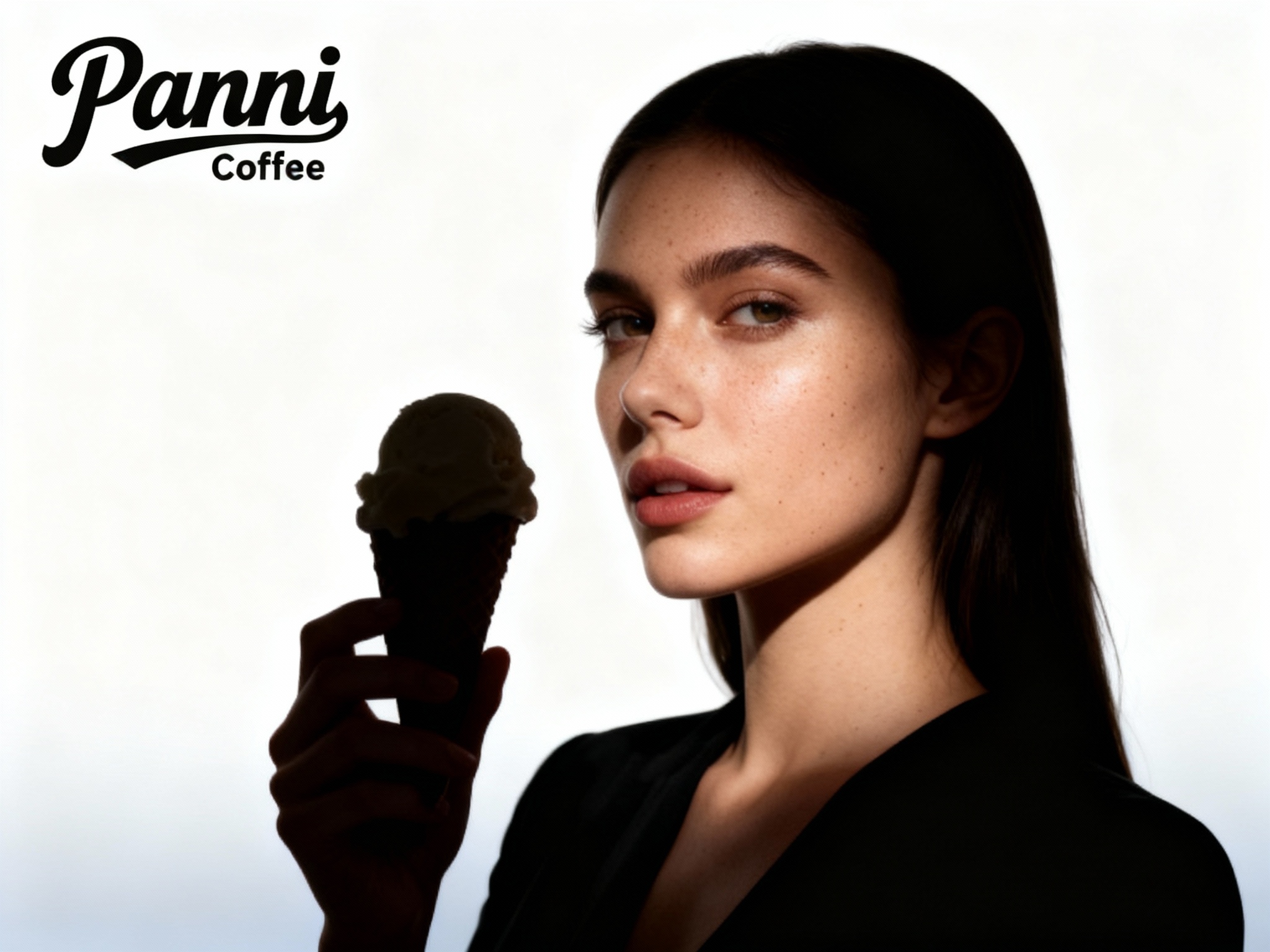 设计品牌海报用主色 {主色} ，时尚剪影摄影风格,时尚大片,一个女生模特,穿着时尚黑色服装手拿带着意式冰淇淋，（将参考图中的LOGO）只出现一次位于左上角），清晰的毛孔,肌肤真实细节,产品剪影,品牌色向白色渐变背景,特写镜头,平视视角,高清分辨率,高细节