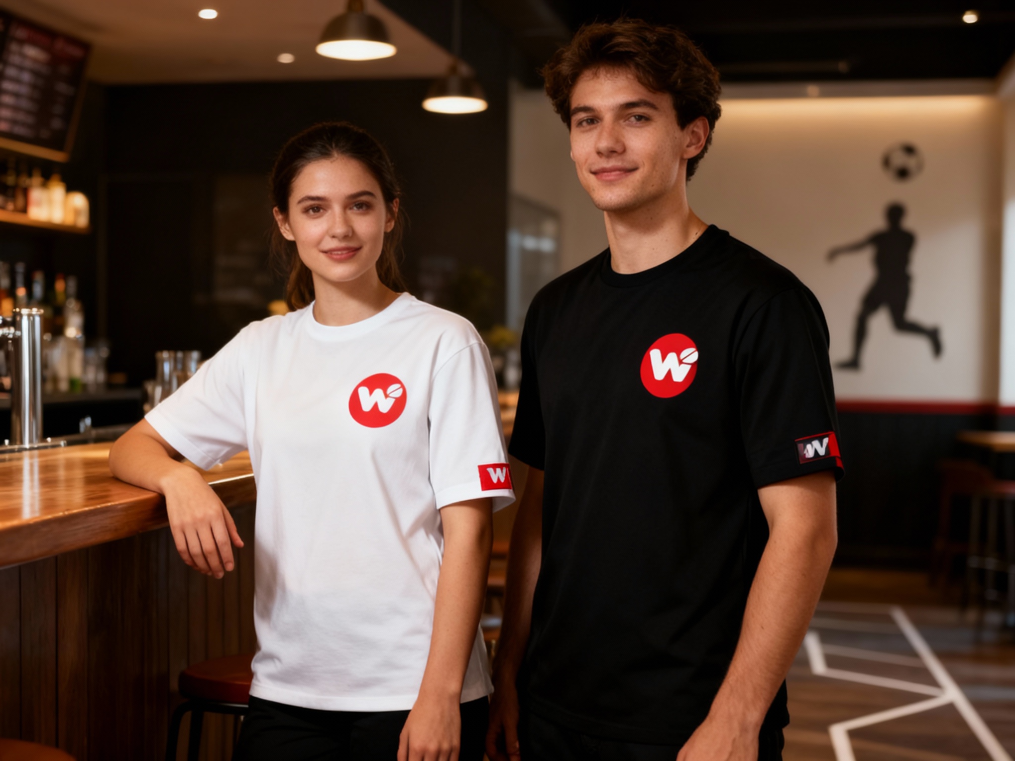 生成员工形象展示图，员工穿着纯色工作服（如#白色或#黑色），（将参考图中的LOGO）在工作服胸前或袖口清晰可见，员工站在吧台或店内（空间保持品牌一致性），姿态自然，光线柔和，背景中隐约可见足球元素的装饰，如墙上的足球剪影或地板上的线条图案。