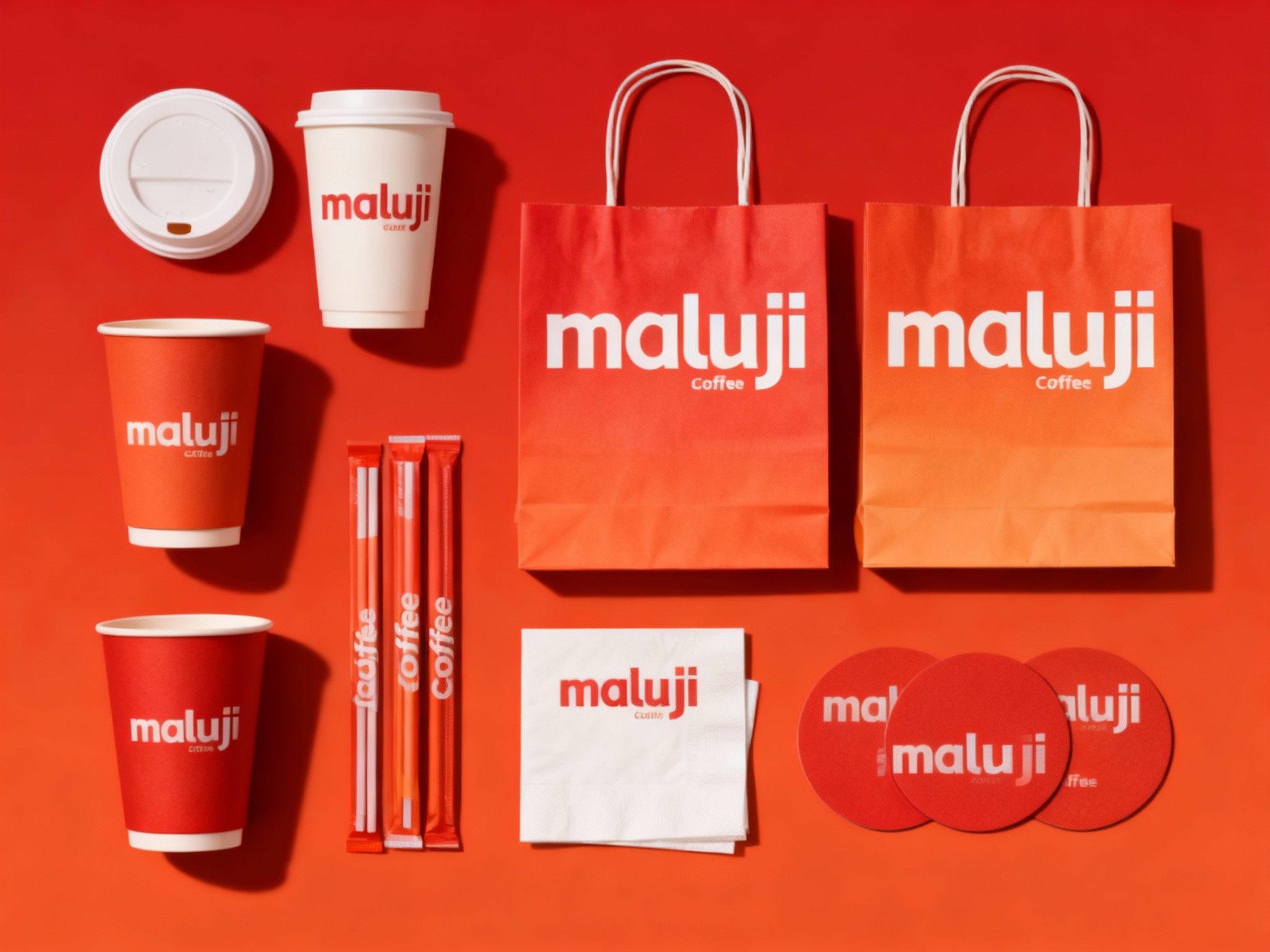 设计咖啡产品平铺拍摄图，包含纸杯、手提袋、打包袋、吸管包装、餐巾纸、杯垫等，（将参考图中的LOGO）在各产品上清晰展示，色彩统一，光影柔和，呈现高级整洁感，背景为纯红色或橙色渐变。