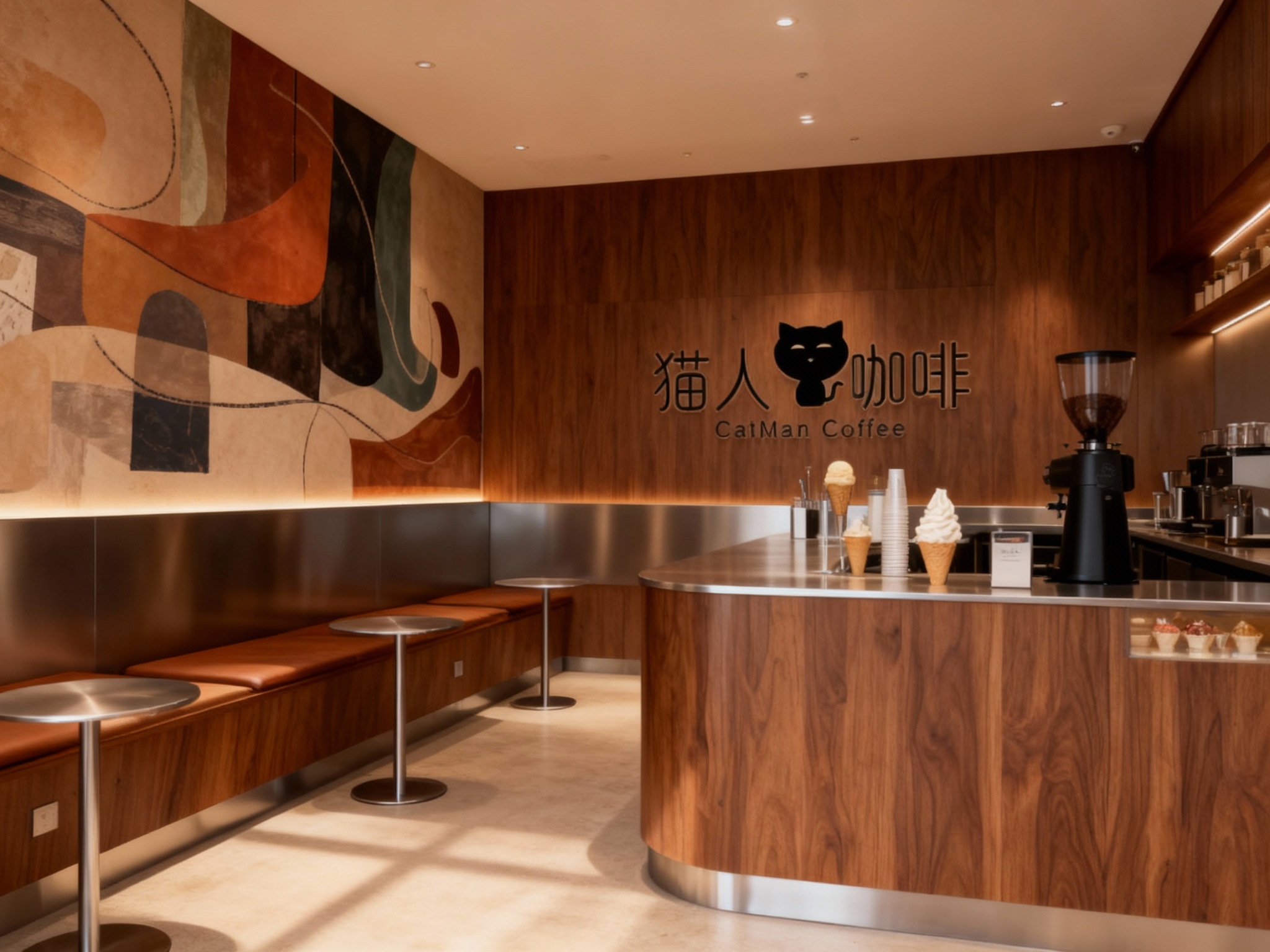 设计冰淇淋店内空间效果图统一用主色 {主色} ，展示吧台、座位区、墙面装饰高级抽象插画或黑白摄影，运用黑胡桃木搭配银色不锈钢材质（将参考图中的LOGO）融入场景装修或物件中，光线温暖自然，突出空间舒适感与现代质感。