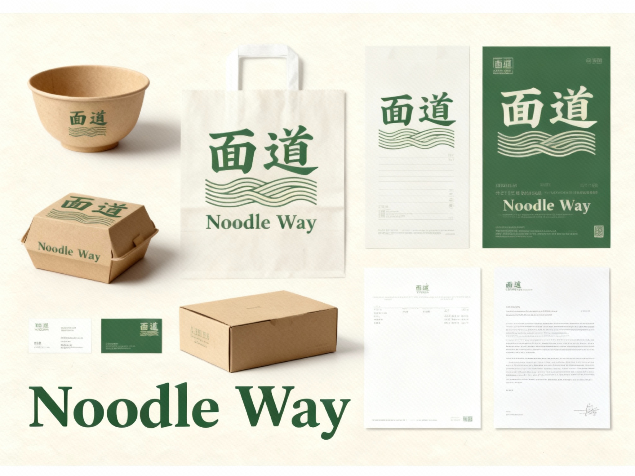 生成面条产品展示图，品牌VI展示，它包括纸质碗、外带袋、纸盒、印刷海报、名片、小册子、信纸设计、纯色、简单的背景、平面布局和极简美学、高分辨率摄影、高质量细节、高细节，顶级商业表现形式延续品牌色调，（将参考图中的LOGO 保持一致不要出现变形）在相应载体上合理呈现，突出饮品质感与品牌形象。