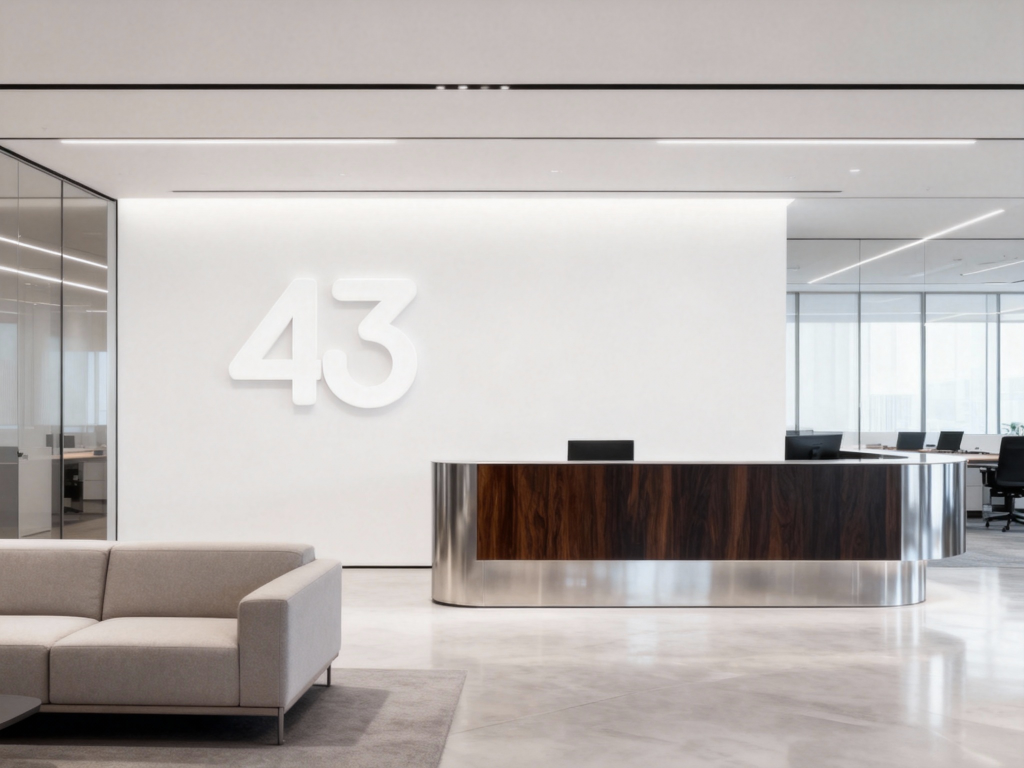 设计办公空间效果图，统一品牌主色#白色与#黑色，公司接待区设有简约沙发，背景墙面以#白色为主，融入（将参考图中的LOGO）作为装饰元素，前台采用黑胡桃木搭配银色不锈钢材质，整体氛围现代且富有科技感。