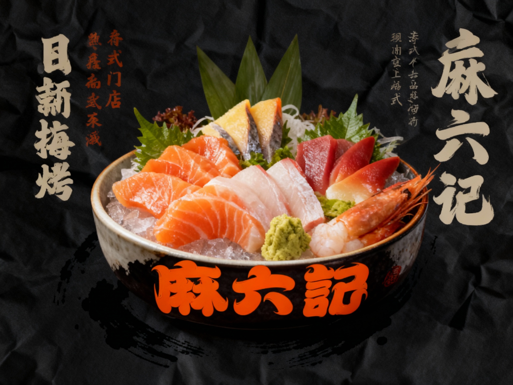 日式门店促销海报。背景是深色的纹理纸，画面中心突出展示一道时令料理（如刺身拼盘），食材新鲜，色泽诱人。盛放料理的器皿边缘带有（智能提取参考图中的LOGO主体并去除原背景）。周围有少许水墨笔触装饰。文案竖排，字体有力。整体色调沉稳大气，激发对美食的渴望.
