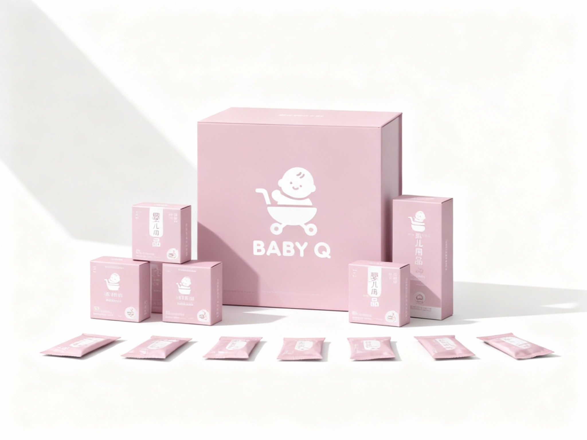 简约风格母婴产品包装展示，（将参考图中的LOGO保持一致不要出现变形）白色背景搭配提供的品牌色（保持提示词的主色）柔和色块。画面主体为多个品牌色包装盒，包括大盒（印有白色品牌名称和婴儿剪影）、小盒，均印有 “婴儿用品” 字样和品牌标识。包装盒下方散落着同色系的小包装袋。整体构图采用高低错落的排列方式，光线从左上角斜射，形成清晰的阴影，突出包装盒的立体感和色彩对比，展现产品系列的多样性与品牌视觉统一性。