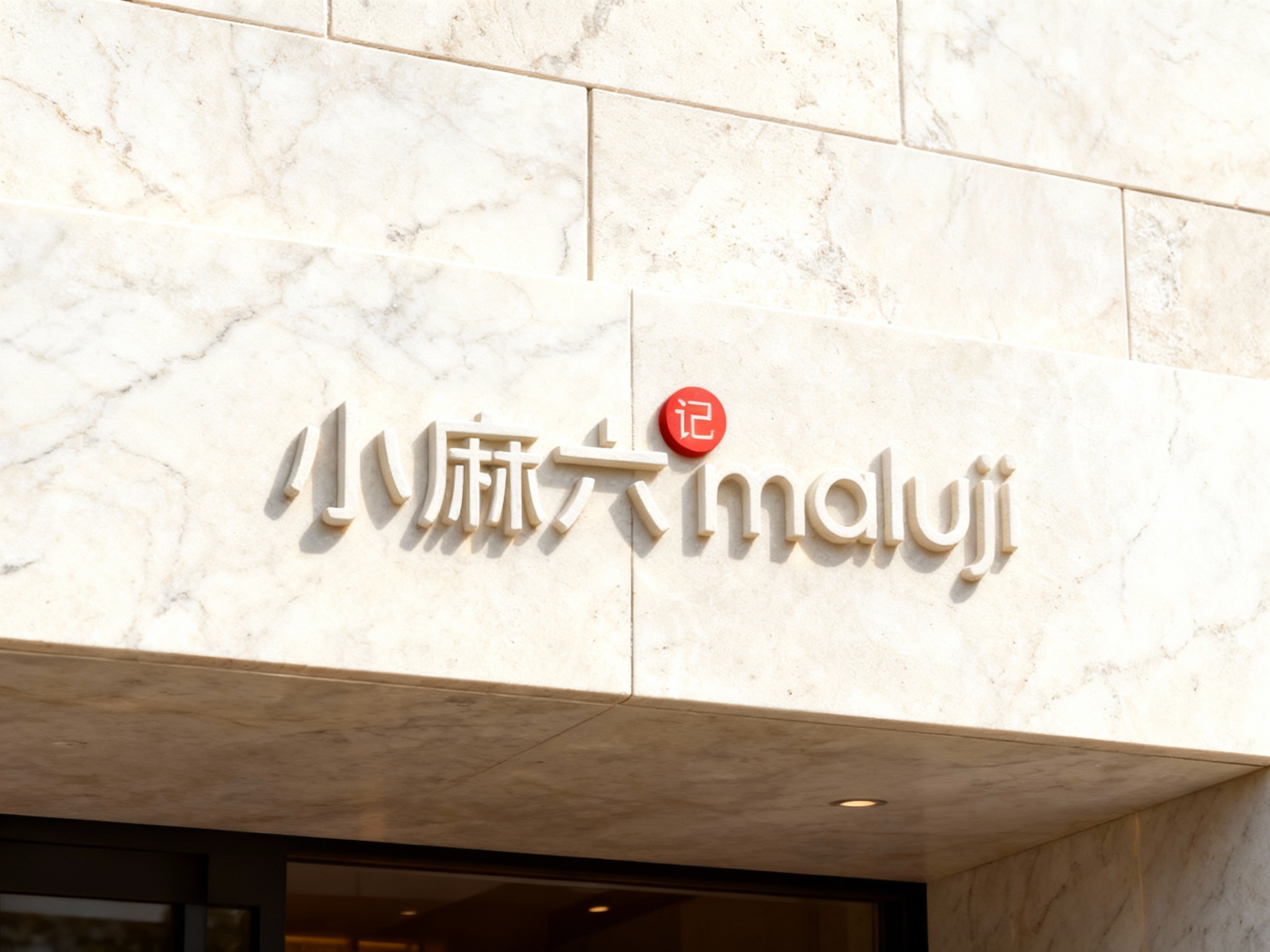 极简石材门头特写，天然大理石板材无缝拼接墙面，底板打磨光滑无接缝痕迹，LOGO以浅浮雕雕刻工艺呈现，表面做哑光防护涂层，白天侧光照射，石材质感温润，LOGO轮廓立体，适配高端餐饮/零售门店
