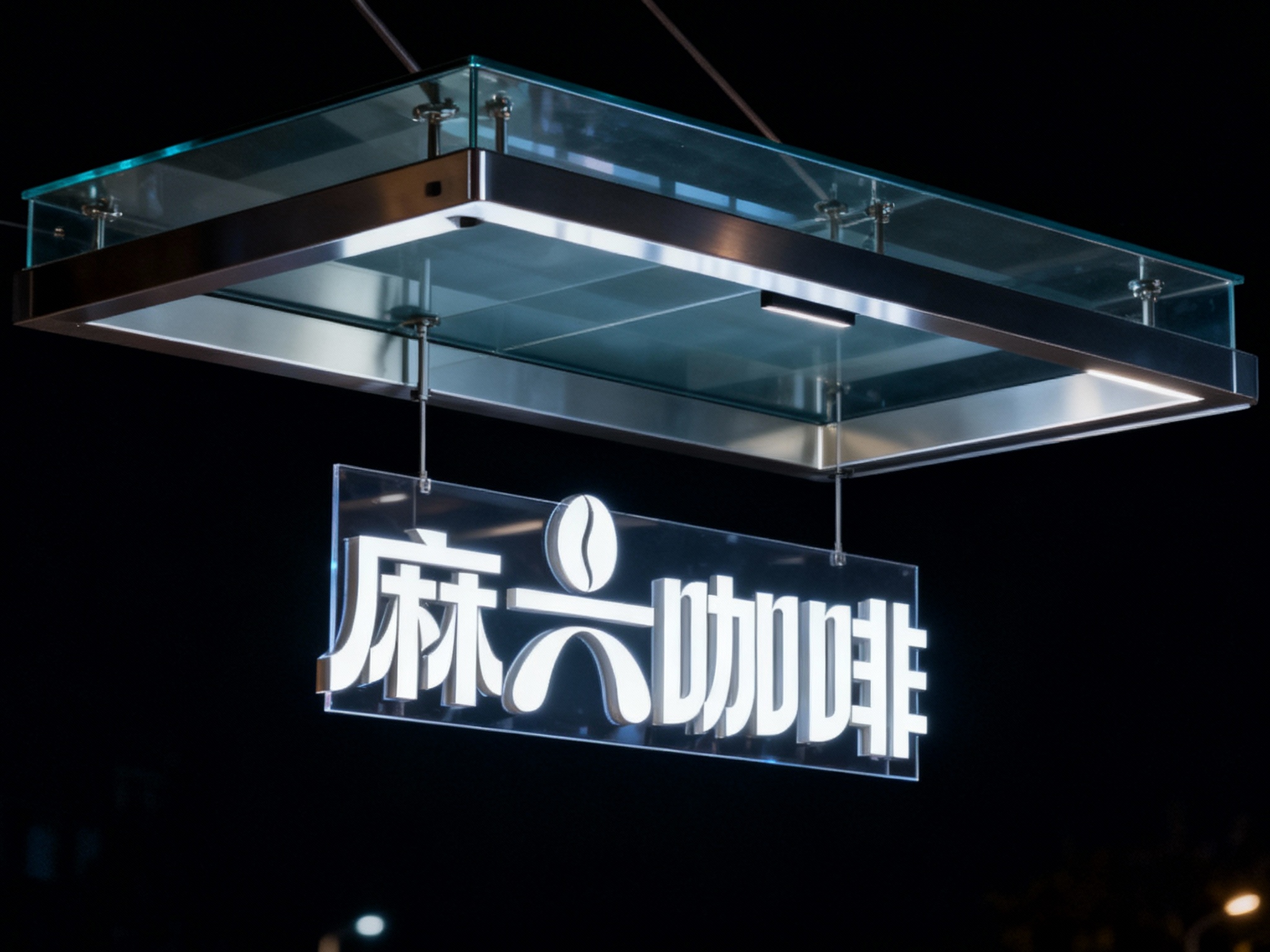 玻璃雨棚一体门头特写，超白玻璃雨棚采用无影胶无缝拼接，搭配哑光不锈钢隐藏式支架，底板通透无支架外露，LOGO以悬浮式发光字安装于雨棚下方，无悬挂连接件，黑夜场景，灯光照亮LOGO与雨棚边缘，整体通透大气