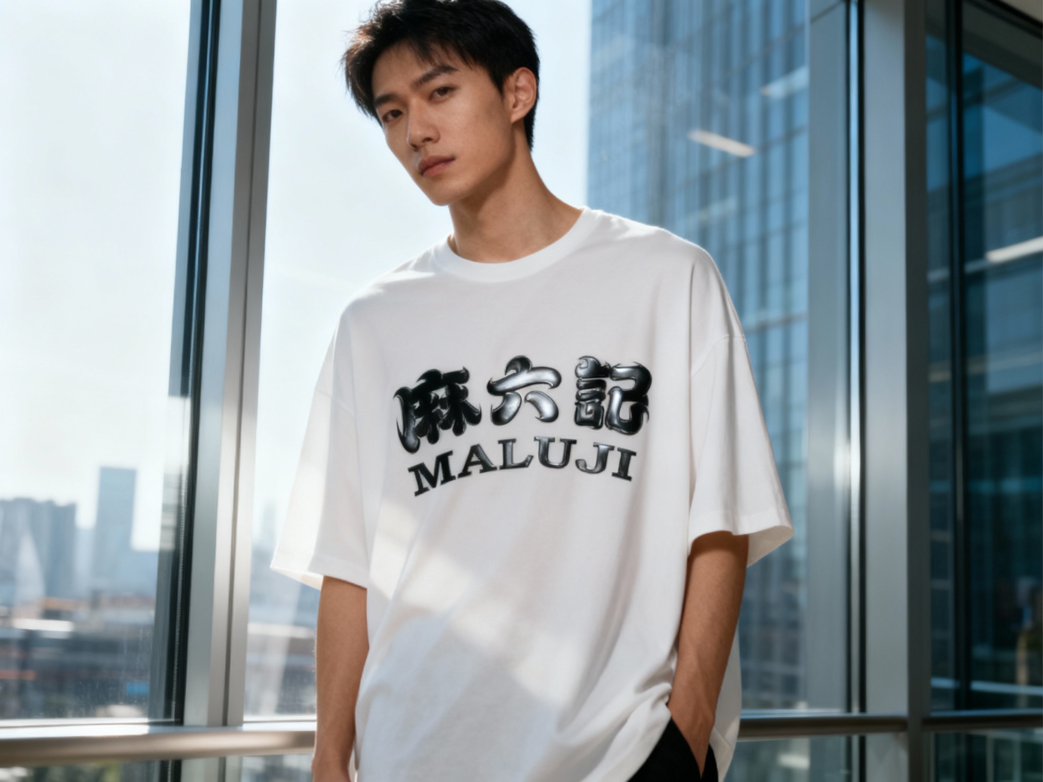 提取参考图的LOGO单独呈现，改为黑色，25岁亚洲男性模特，站立于高级写字楼玻璃前，身着纯白oversizeT恤，黑色LOGO采用烫银工艺（呈现哑光金属质感），正面稍侧视角，T恤自然垂坠，LOGO位于画面中心位置，写字楼内柔光透过玻璃照亮模特，光影柔和无多余阴影，背景为玻璃外模糊城市景观，工业风与都市高级感融合