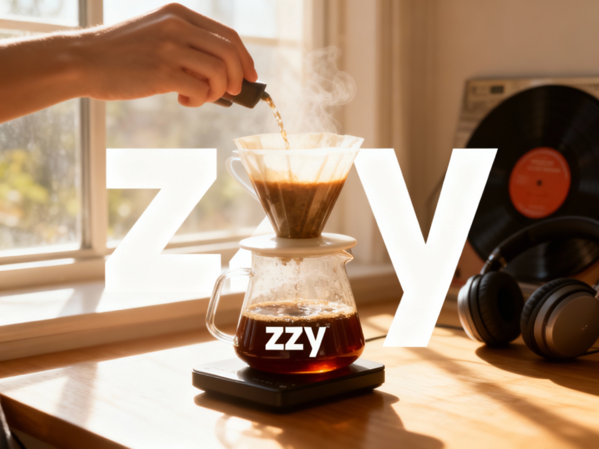 设计INS风格宣传海报。场景为午后光感背景，窗边光线洒落，咖啡制作特写（如手冲咖啡），LOGO自然融入画面，整体色调明亮温暖，音乐元素通过背景中的唱片或耳机体现，突出品牌温度与轻松感。