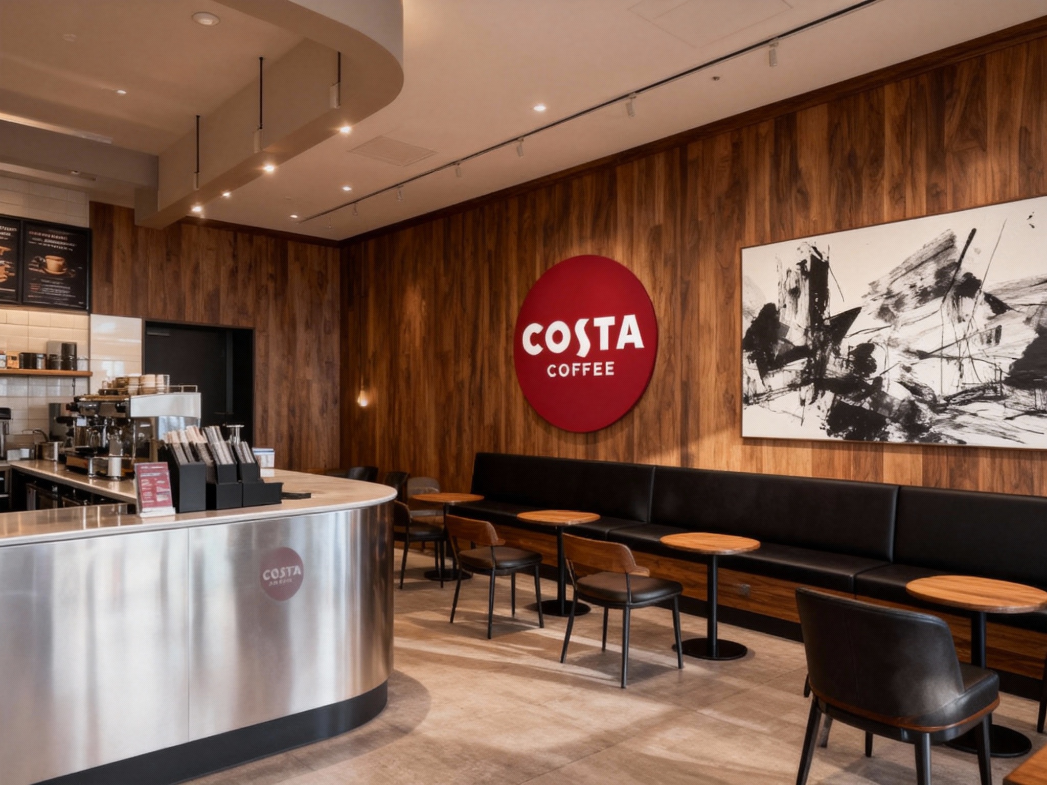 设计店内空间效果图，展示吧台、座位区、墙面装饰高级抽象插画或黑白摄影，运用黑胡桃木搭配银色不锈钢材质（将参考图中的LOGO）融入场景装修或物件中，光线温暖自然，突出空间舒适感与现代质感。