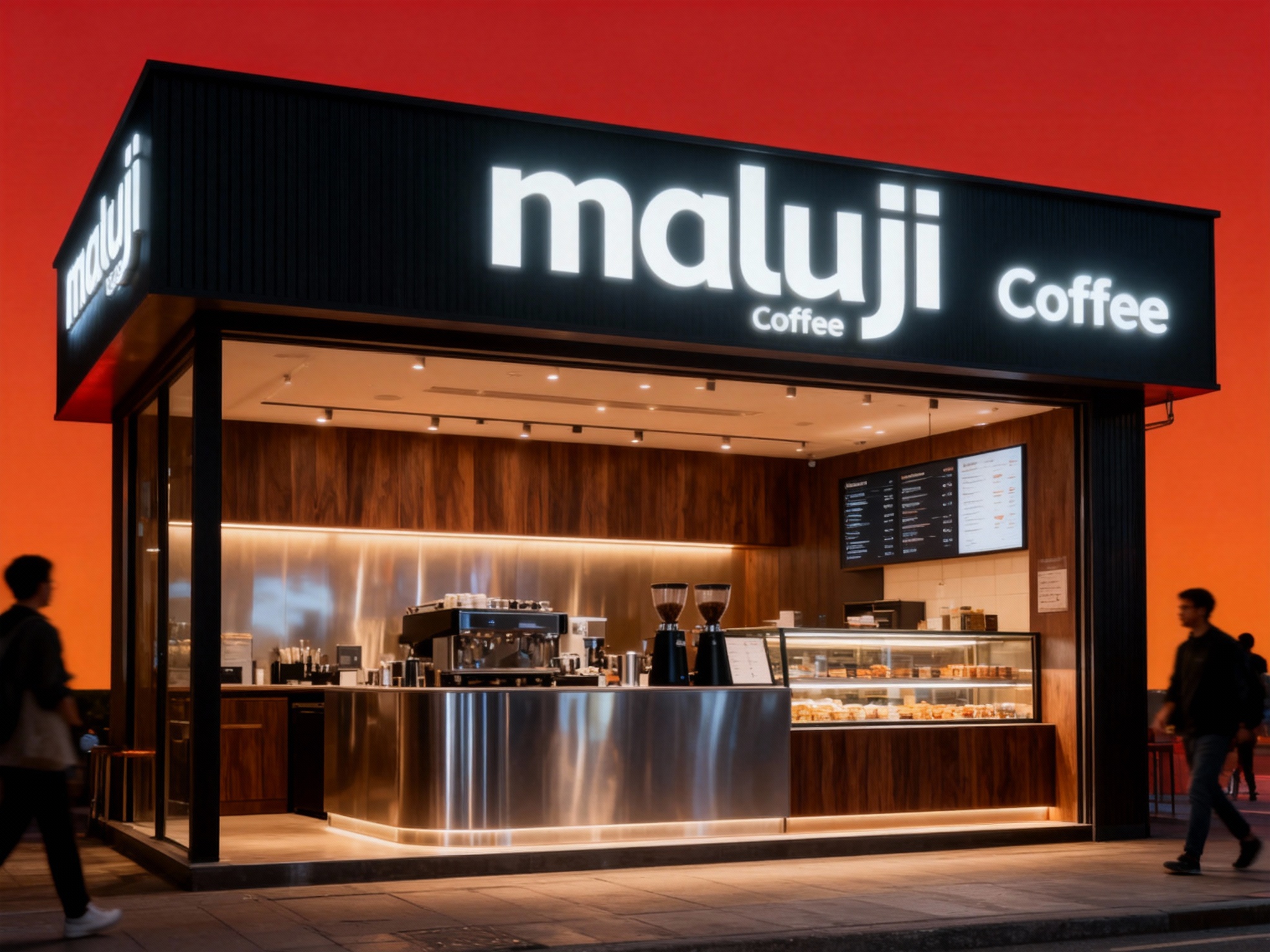 设计夜景门头及灯箱效果图，（将参考图中的LOGO）光亮温暖，咖啡店的内部场景，上方有发光的（将参考图中的LOGO）标识，下方是咖啡制作区域和展示柜，柜台上有菜单，整体装修风格运用黑胡桃木搭配银色不锈钢材质现代，灯光温暖 ，街区环境和路人自然呈现，背景为红色或橙色渐变。