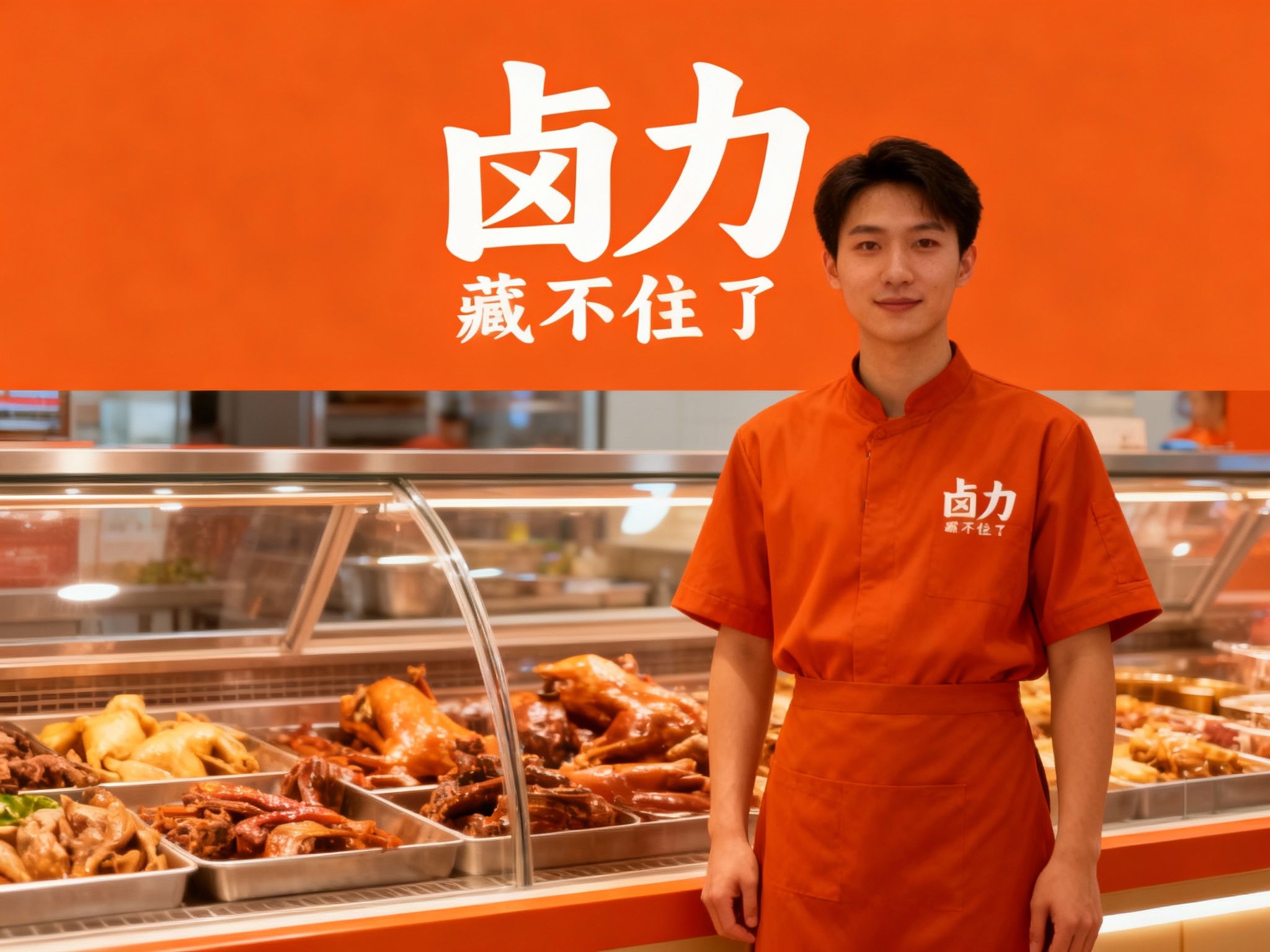 生成员工形象展示图，员工穿着纯色工作服，（将参考图中的LOGO）在工作服上清晰可见，员工站在卤菜展示区或店内（空间保持品牌一致性），姿态自然，光线明亮。