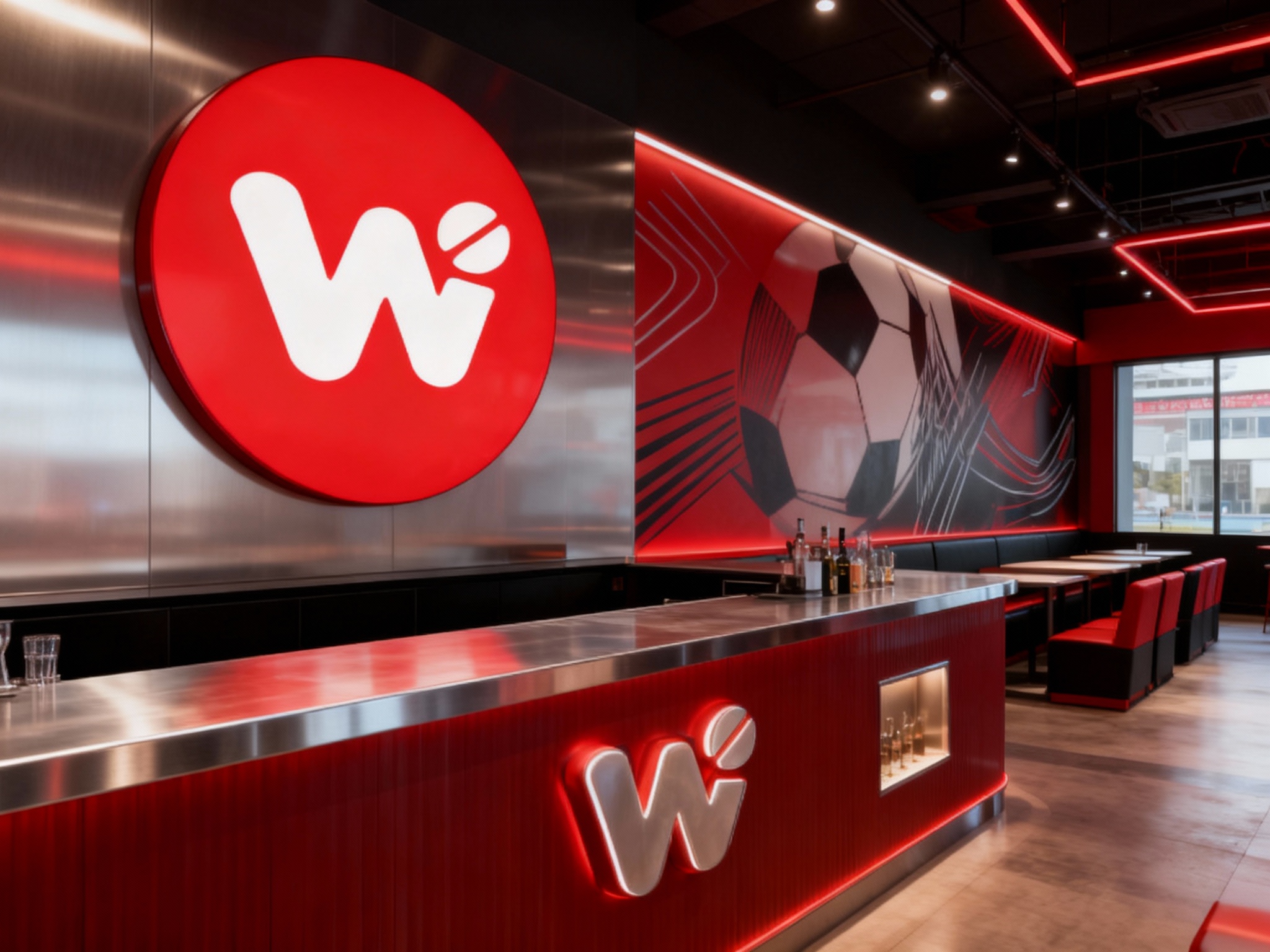 设计店内空间效果图，展示吧台、座位区、墙面装饰以足球元素为主题（如抽象的足球图案或线条），运用红黑配色搭配金属质感材料（如不锈钢或铝合金），（将参考图中的LOGO）融入场景装修或物件中，如吧台侧面或墙面上的嵌入式标志，光线明亮且富有层次感，营造出时尚与运动结合的氛围。